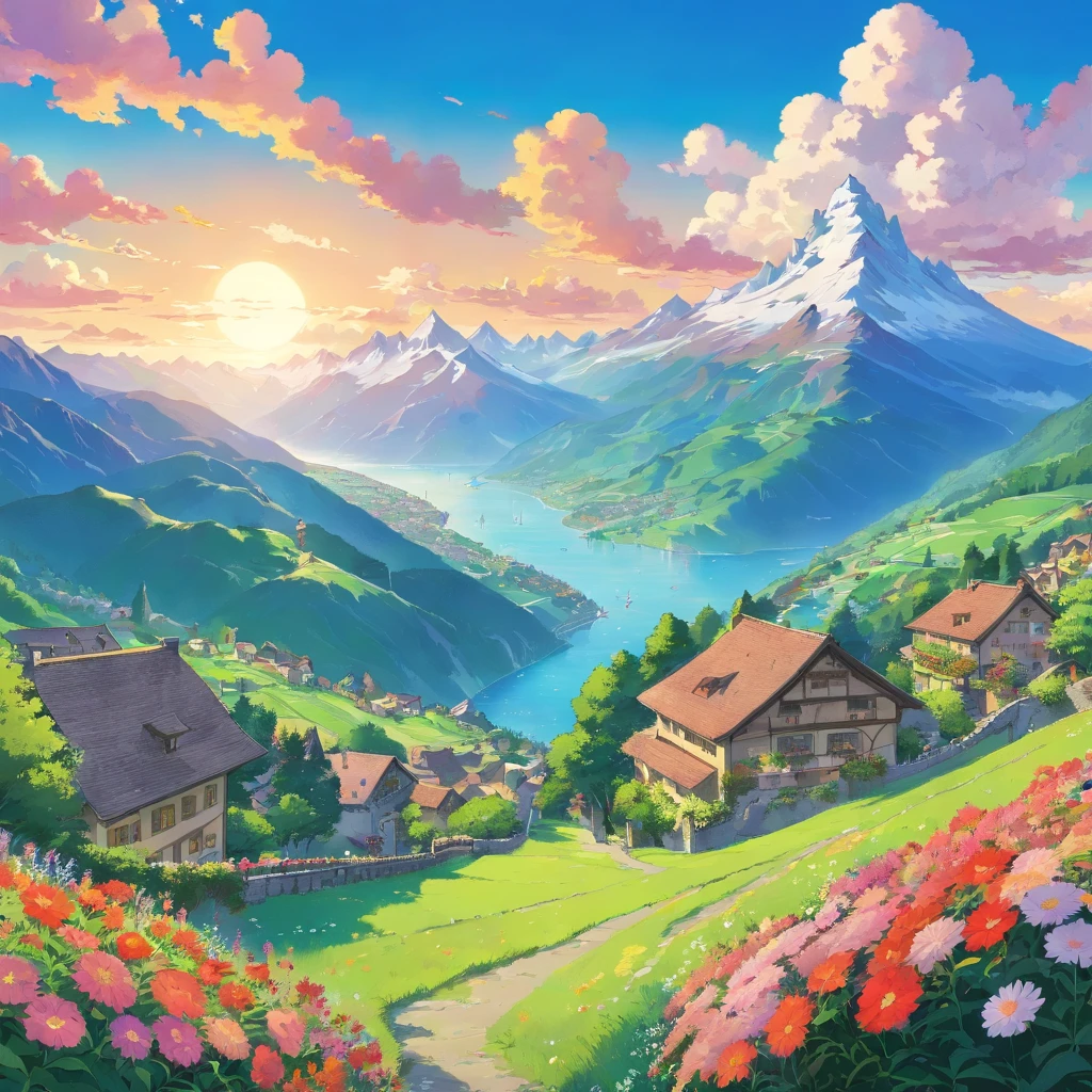 Switzerland valleys and mountains with lots of flowers