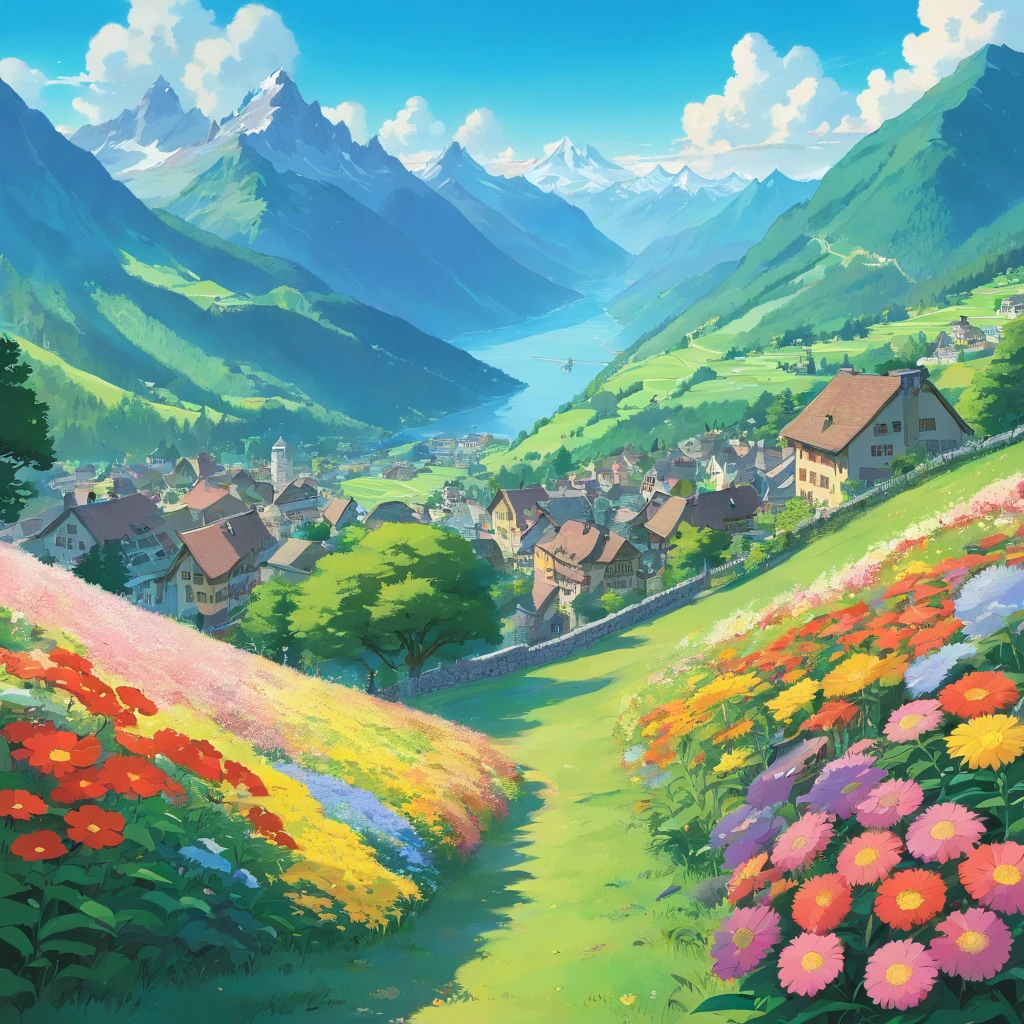 Switzerland valleys and mountains with lots of flowers
