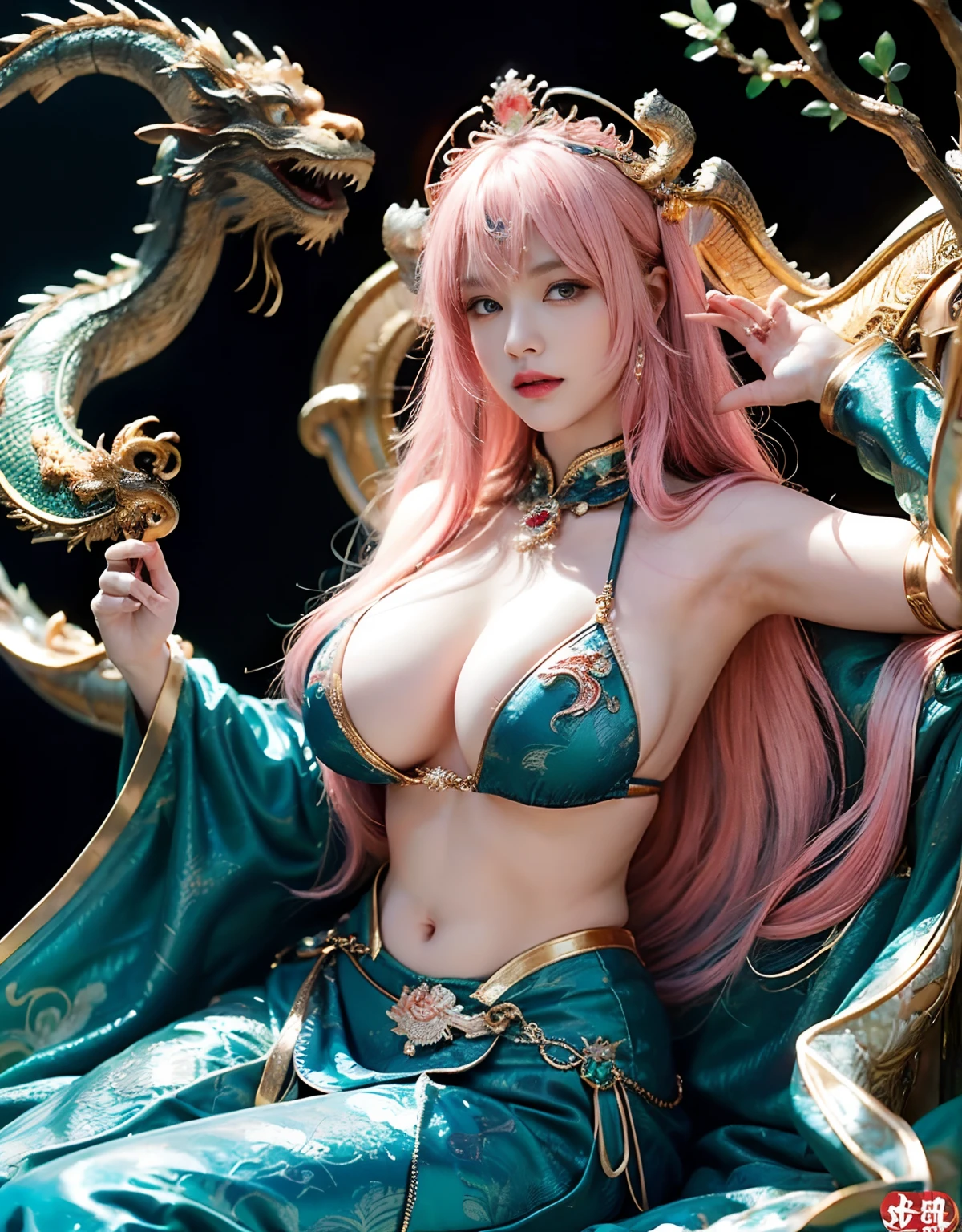 (heavy breasts)、top-quality、​masterpiece、超A high resolution、（Blue Dragon Armor）、(((Colossal tits))),dragon armor、(((Detailed Micro Bikini))),(Wearing a beautiful crown made of jewels),(Photorealsitic:1.4)、Raw photo、女の子1人、(((Random hair))、(((Take different poses)))、glowy skin、(((Chinese Dragon)))、Intricate and ornate hair ornaments、（Gorgeous Jewelry Necklaces）、（Mystical expression）、（Full Body Angle）、（Fight big dragons）、With a beautiful knife、（Pink Metal Bikini）、(beautiful forest background)、Precipitous cliffs、(Castle background)、((super realistic details))、portlate、globalillumination、（sexypose）、Shadow、octan render、（One-Eyed Scouter）、8K、ultrasharp、Colossal tits、Raw skin is exposed in cleavage、metals、Details of complex ornaments、Japan details、highly intricate detail、Realistic light、CGSoation Trends、Blue eyes、radiant eyes、Facing the camera、Precipitous cliffs、Toostock、（Full Body Angle）、（veils）、(((Heavy Big))),