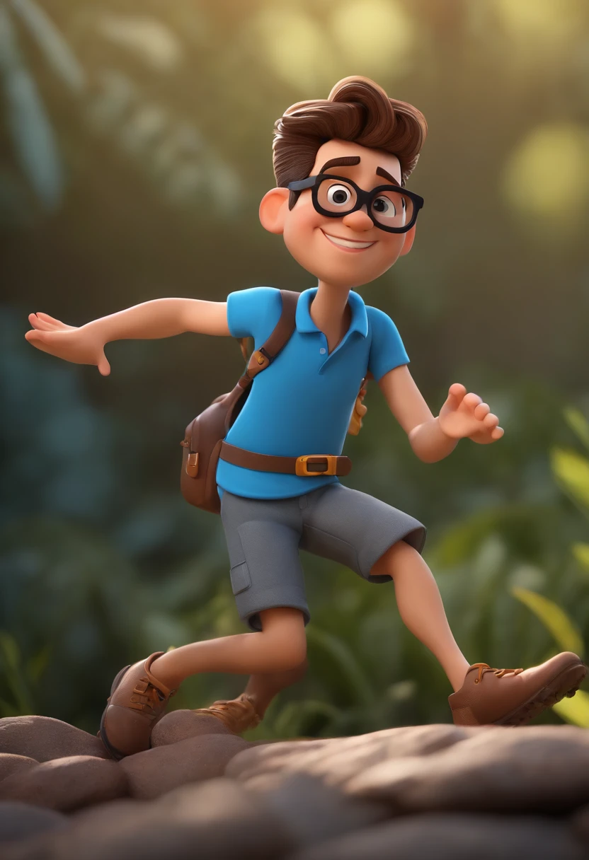 Cartoon character of a man wearing black glasses and a blue shirt, um personagem animado, Caractere estilizado, animation style rendering, 3D estilizado, Arnold Maya render, 3 d render stylized, toon render keyshot, Personagem 3D, Personagem 3D, 3d rendering stylized, 3 d character render, personagem de desenho animado, Personagem de close up, Pose de personagem, (Estilo Pixar) (master part:1.2) (Bokeh) (best quality) (pele detalhada) (textura detalhada) (8k) (argila) (Cinematic lighting) (foco nítido，Senta e vaza a parte superior do corpo