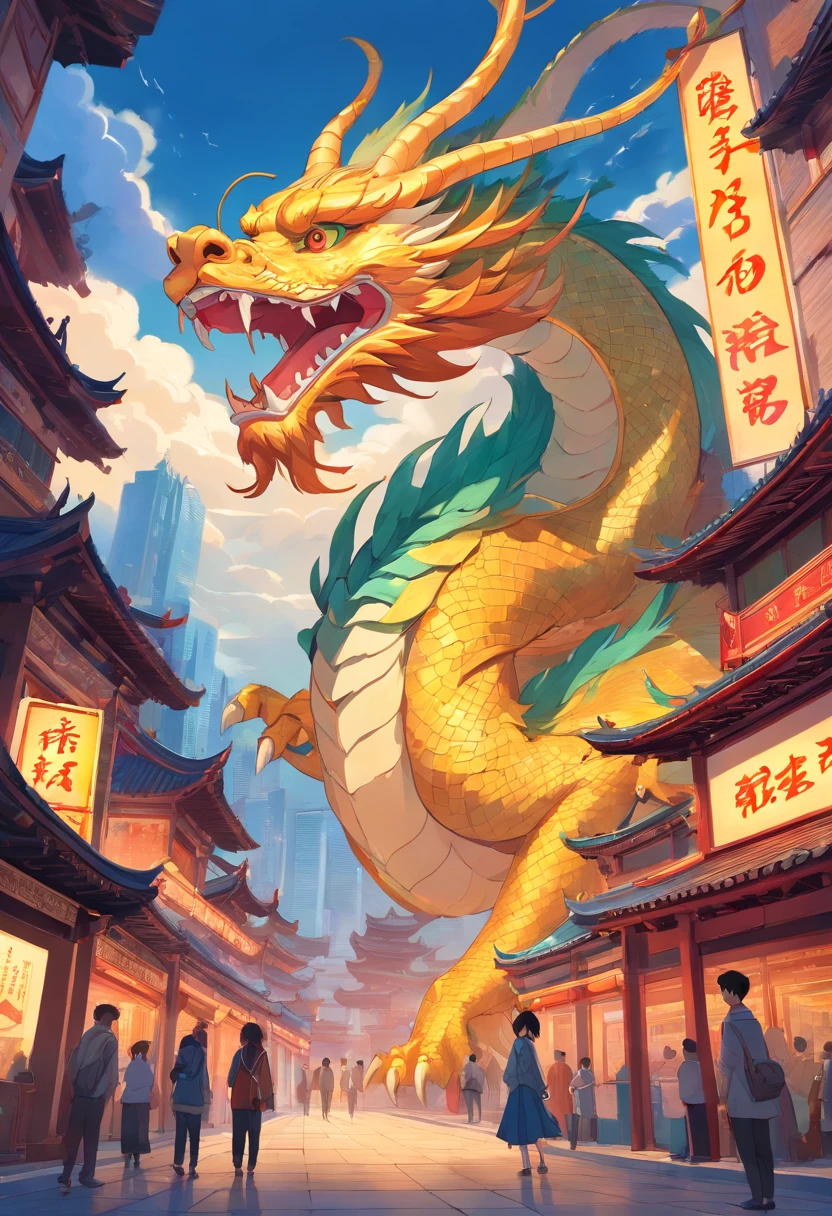 Chinese dragon on Chang'an City, Art Nouveau style illustration, Detailed sky, chinapunk, Explanatory narrative, solarizing master, quito school, Visual poetry