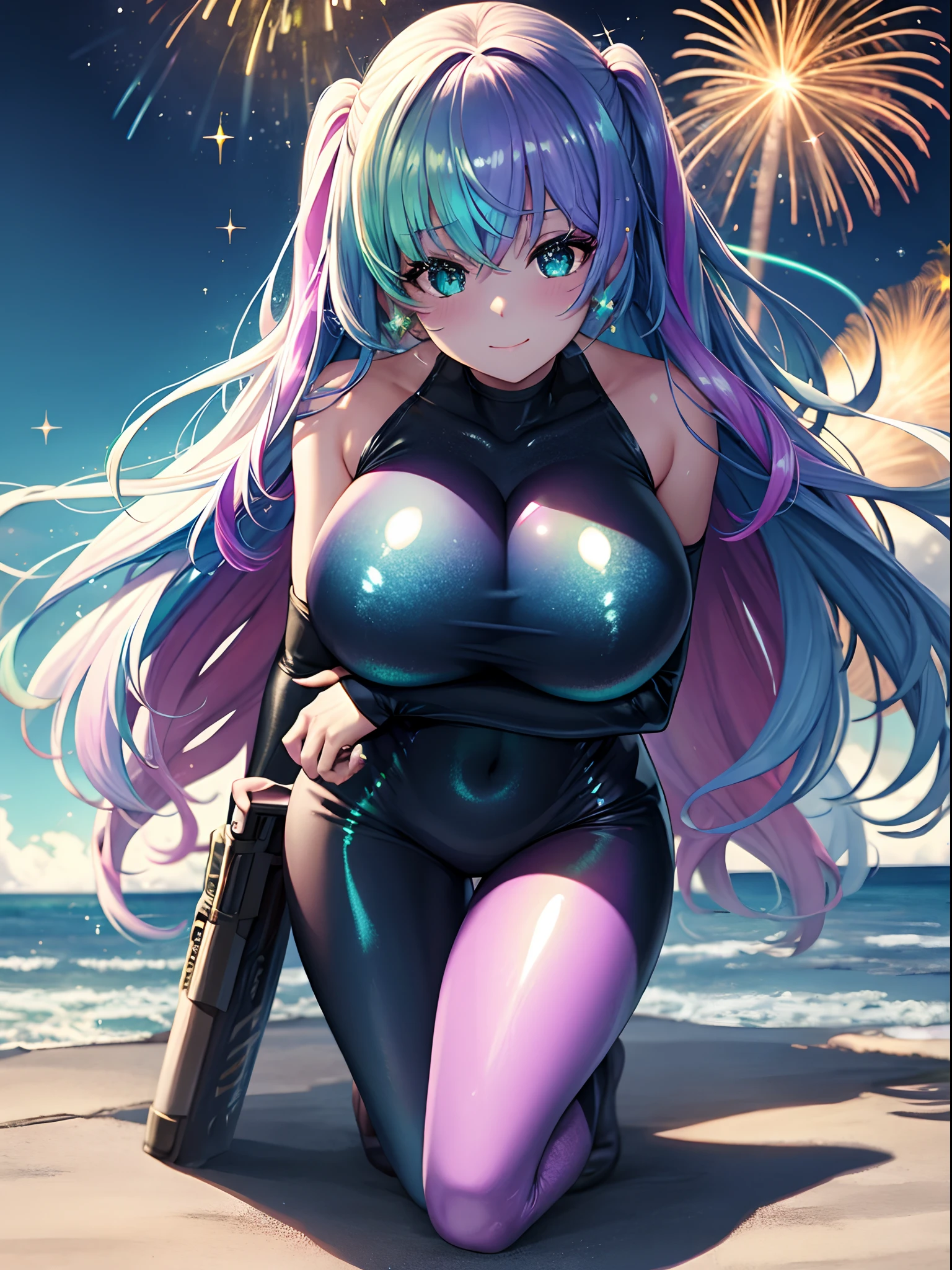 ((masutepiece)), ((Best Quality)), (Ultra-detailed), ((Extremely detailed)), 4K, (8K), Best Quality, (Beautiful),Hug Big, watercolor pencil, Full body, full body focus, Fireworks, Beautiful adult woman, Solo, wetsuit, beautiful rainbow hair, beautiful rainbow eyes, ((Beautiful eyes)), Transparent body, Flowers, Triumphant look, smug look, self-satisfied look,(huge busty:1.3),(sparkles:1.3), (Iridescent:1.6), standing, (full body:1.2),