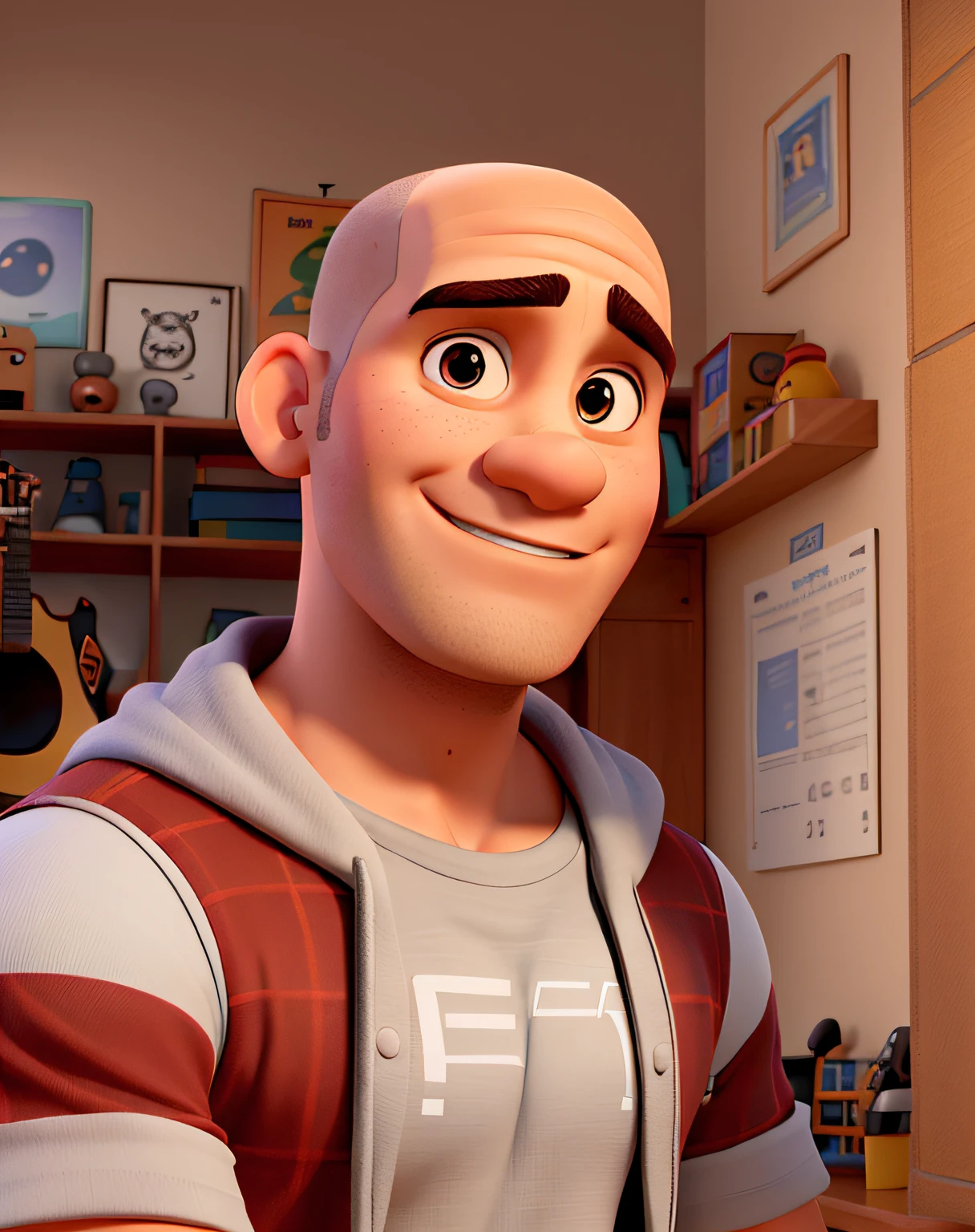 homem moreno completamente careca, olhos castanhos, Strong man wearing black t-shirt and a room with a guitar in the background, Estilo Disney Pixar, alta qualidade, best quality