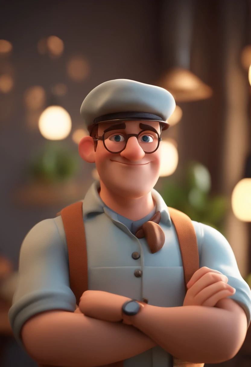 Cartoon character of a man with white dolman and cook hat, arms crossed,animation character, Caractere estilizado, animation style rendering, 3D estilizado, Arnold Maya render, 3 d render stylized, toon render keyshot, Personagem 3D, Personagem 3D, 3d rendering stylized, 3 d character render, personagem de desenho animado, Personagem de close up, Pose de personagem, (Estilo Pixar) (master part:1.2) (Bokeh) (best quality) (pele detalhada) (textura detalhada) (8k) (argila) (Cinematic lighting) (foco nítido
