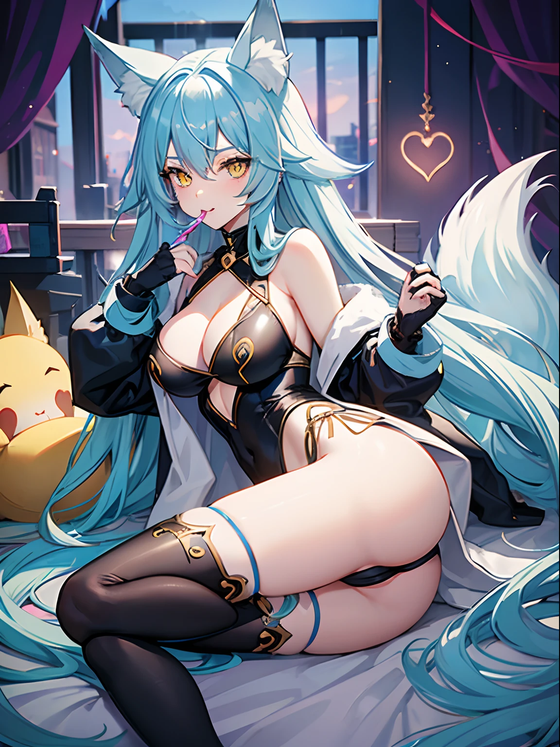 Long Hair, Light Blue Hair, Yellow Eyes, Heart pupils, Fox Ears, 9 Tails, Big Boobs, Wearing Hoodie, Long Stocking, Nighttime, Wearing Black Gloves, Inside a house, licking own lips, showing