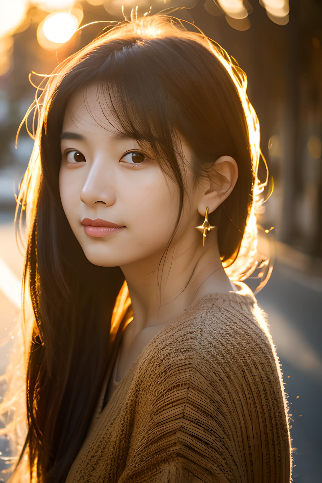 1 girl, beautiful, aged 22 year, deatailed eyes and face, earrings, shoulder length hair, portrait photography, golden hour, sunlight, 8k, UHD