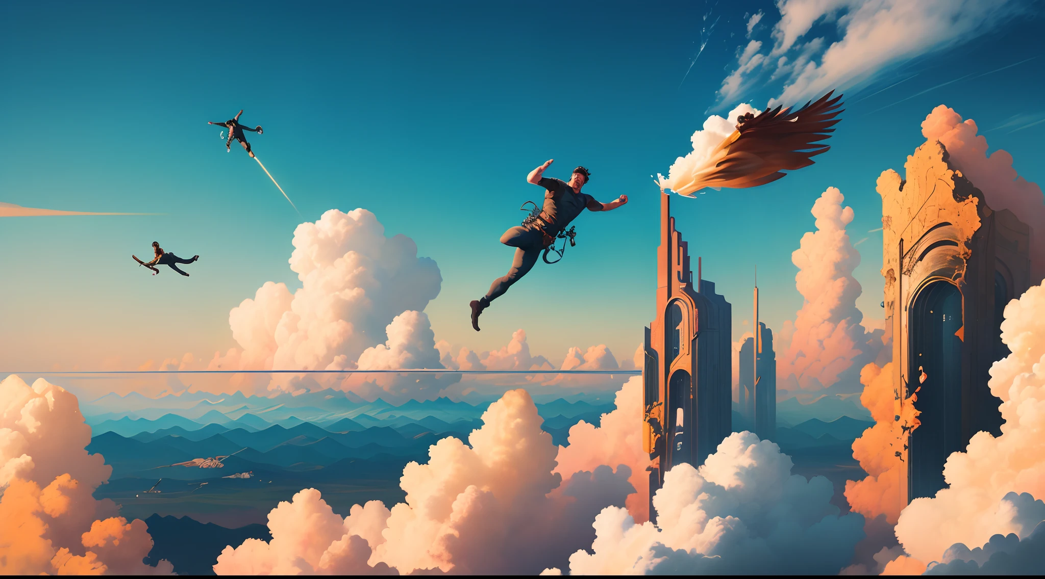 Poster style of The 100 series with man falling from the sky, a man falling into the sky, Horizonte bonito