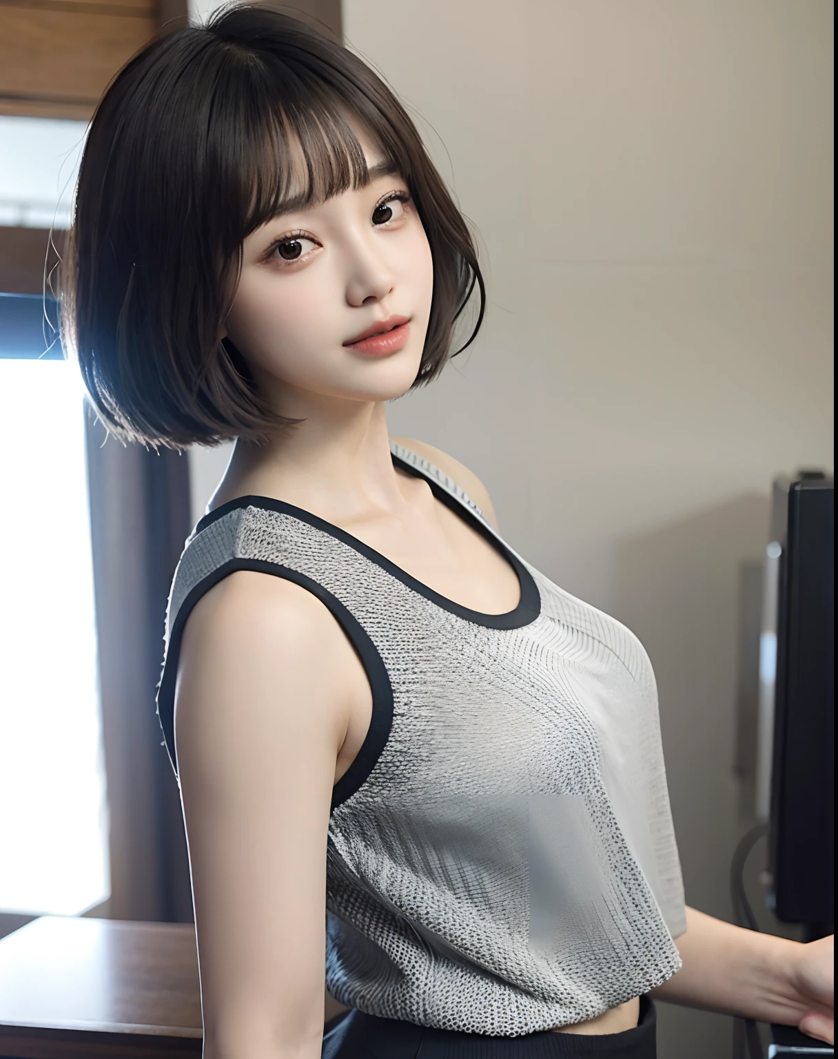 zydG, 1girl in, More skin, Look at viewers, Brown-eyed, (Shorthair with bangs:1.2), (Colossal tits:1.0), (Areola:0.8), cparted lips, 牙, A smile,
(Photorealsitic:1.4), (Top image quality:1.0), (超A high resolution:1.0), 8K, Raw photography, (masterpiece:0.2), (sports wear:1.5), From Side, portlate,
(pureerosface_v1:0.5)、gasping face