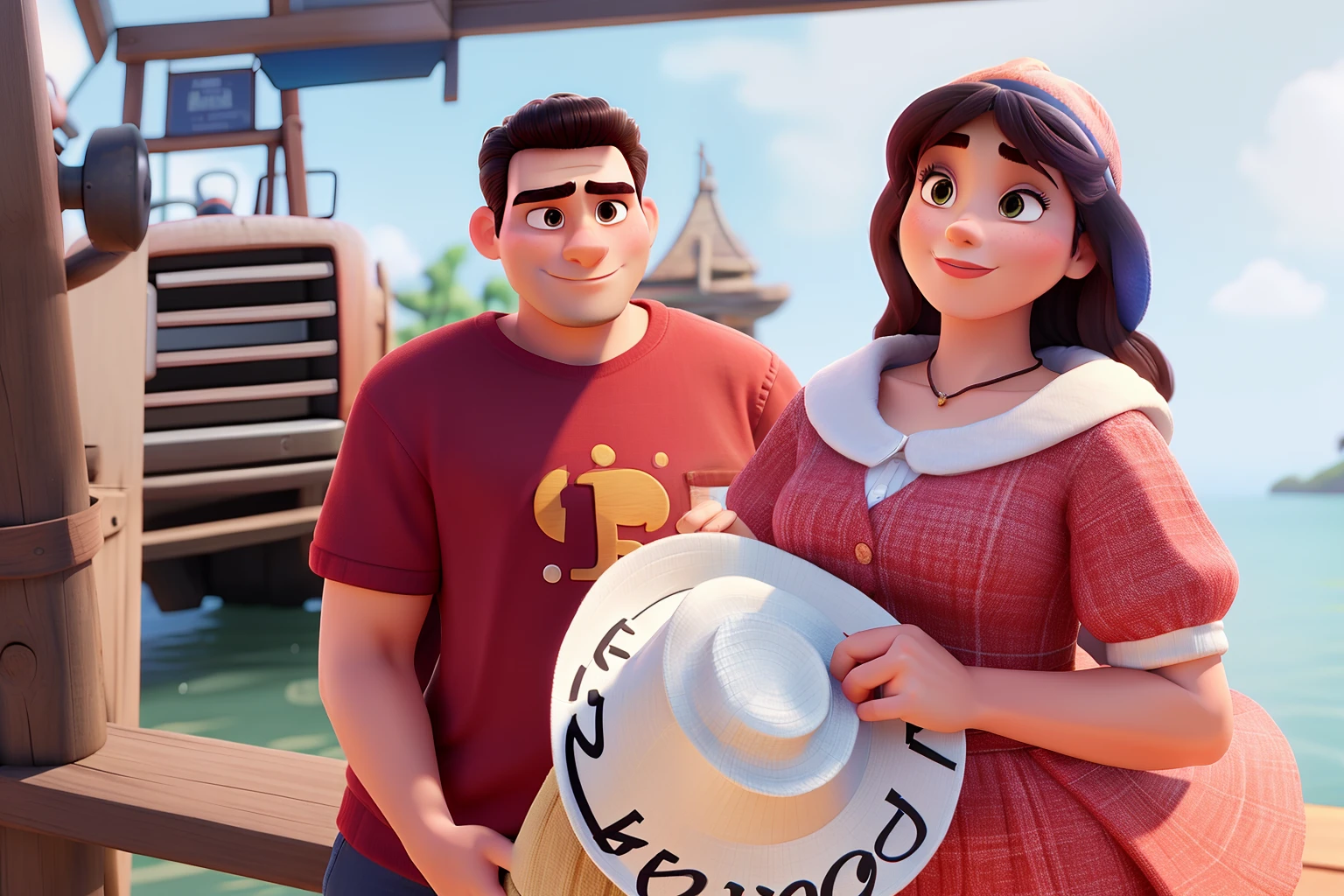 Woman Holding A Hat And Serious Man Disney Pixar Style ,alta qualidade,melhor qualidade