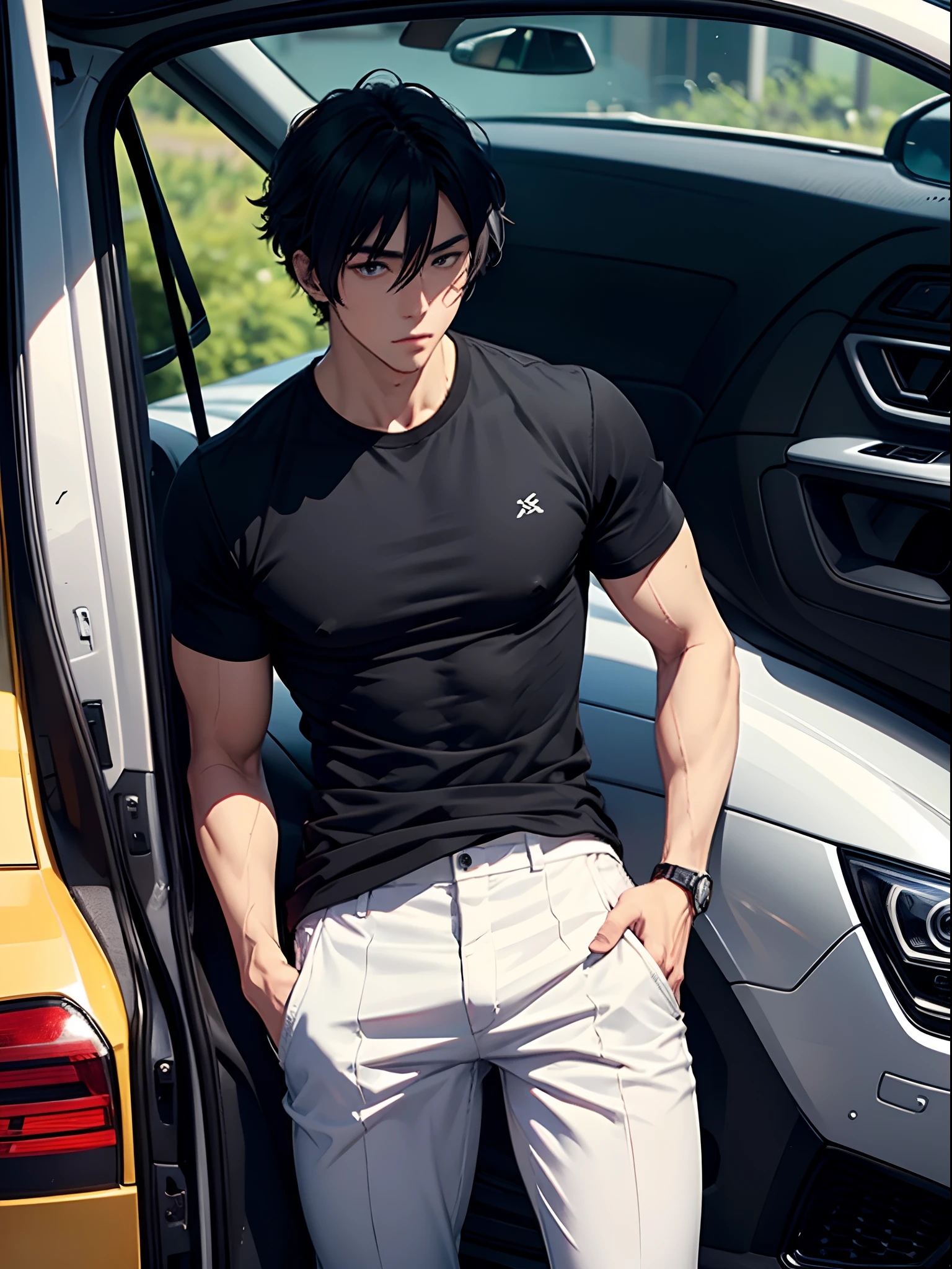 ((Truck driverの45歳の紳士的な男))((Truck driver)))The lower body is underwear、(((White tank top on the upper body)))Hairy、((Emphasis on the crotch))、((He spreads his legs and touches his crotch))((Posing))((sitting in the driver's seat of a truck))(((Muscular)))(((buzzcut)))((Buzz Cut))(good looking)),(Detailed eyes:1.3),Eyes are black,Esbian all over,