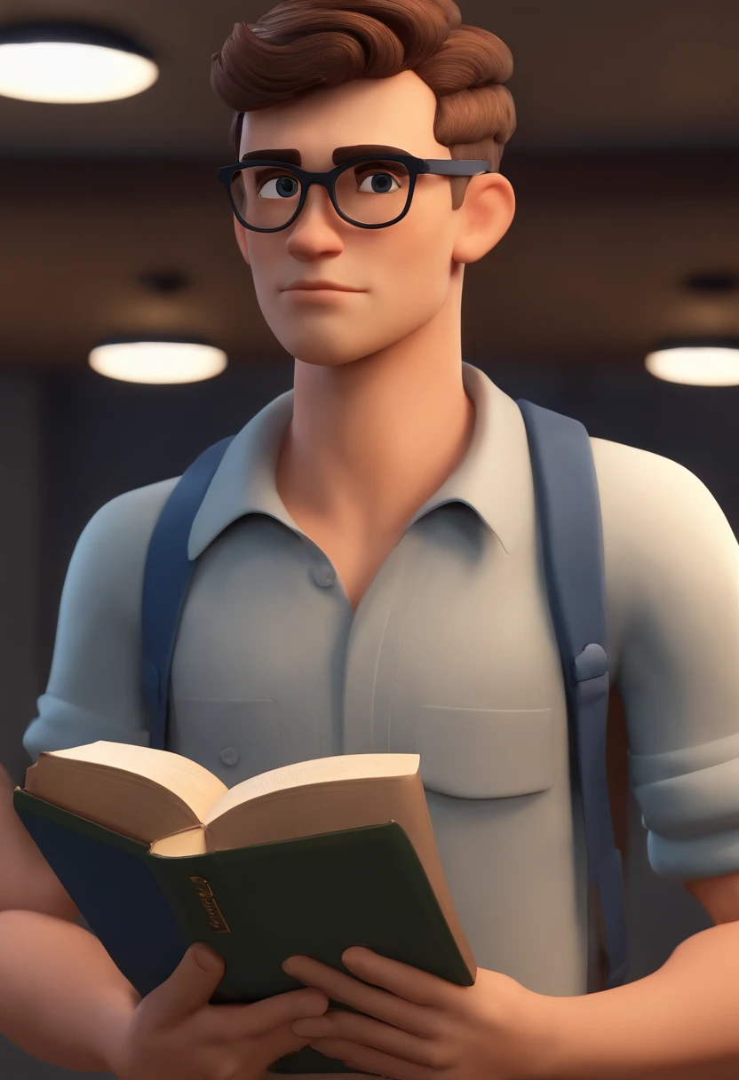 Cartoon character of a young shepherd man with extremely short brown hair military cut style with blue frame glasses and a blue shirt, barba um pouco grisalha, wide lips, With bible in hand animation character, Caractere estilizado, animation style rendering, 3D estilizado, Arnold Maya render, 3 d render stylized, toon render keyshot, Personagem 3D, Personagem 3D, 3d rendering stylized, 3 d character render, personagem de desenho animado, Personagem de close up, Pose de personagem,  (Estilo Pixar) (master part:1.2) (Bokeh) (best quality) (pele detalhada) (textura detalhada) (8k) (argila) (Cinematic lighting) (foco nítido