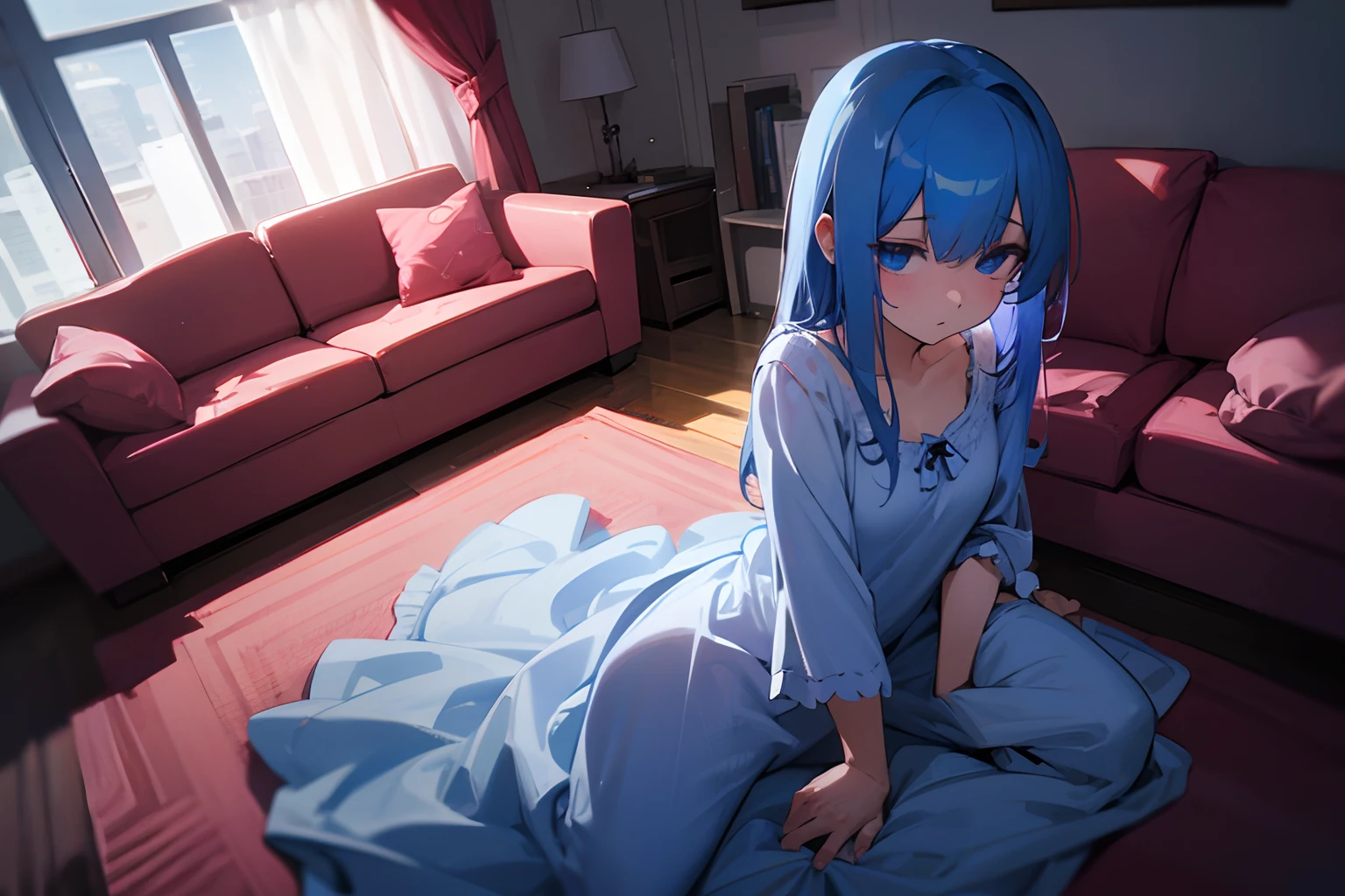 blue rose girl, rose on hair, adult, night gown, pyjamas, blue hair, hd, ultra quality, wide angle, long shot, tired eyes, tired, sleep-deprived, living room, apartment, night