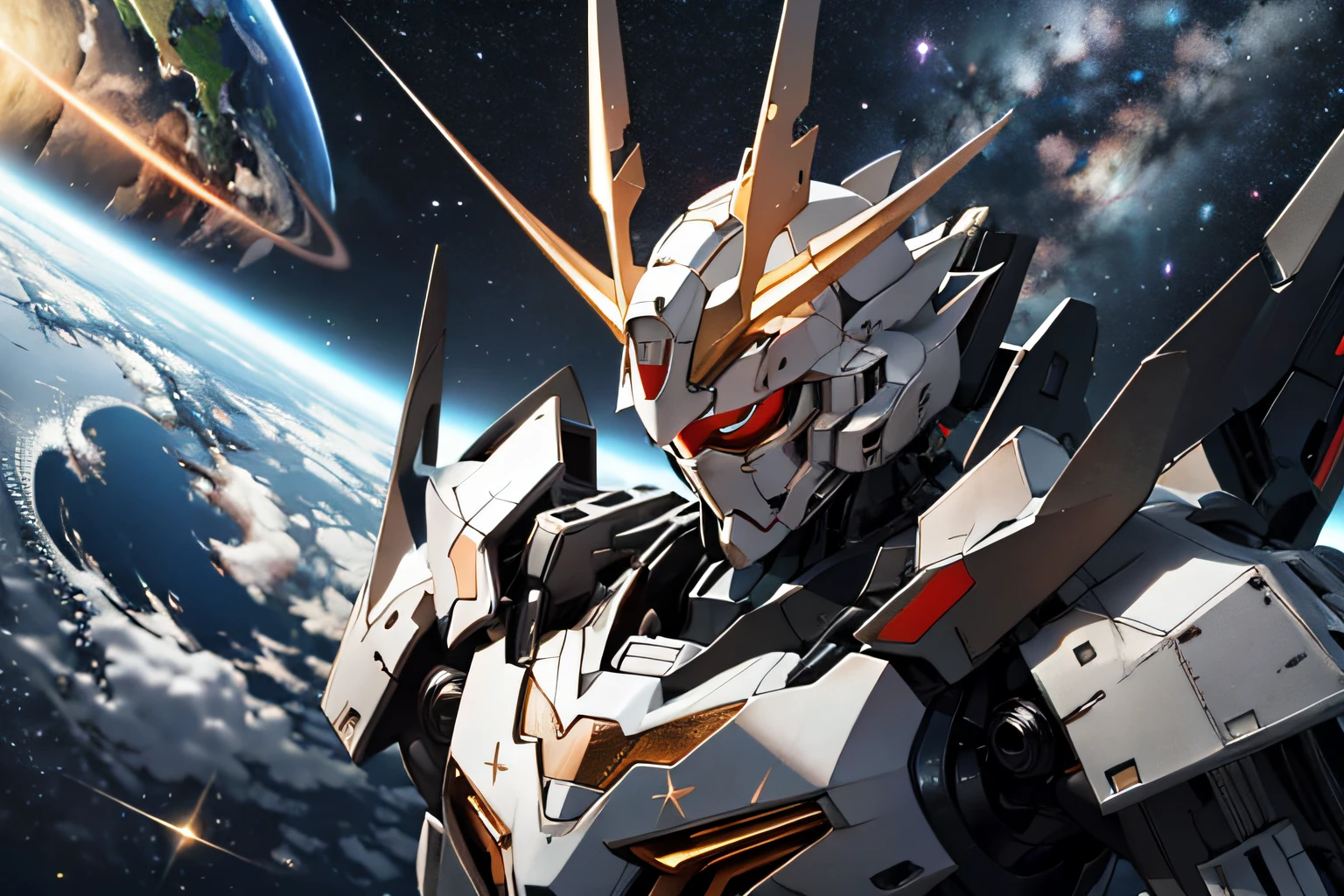 Gundam with blue and red body、Fly in outer space。Earth with stars on background、