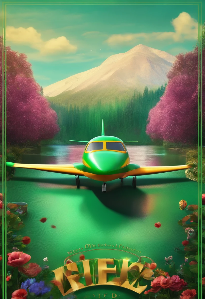 Create a Disney PIXAR-style 3D poster. A mafia boss of about thirty years old, green hair, light blue eyes, with a colorful flowered in front of a Dam. In the sky we see a green plane with the words "CIM Enterprice".