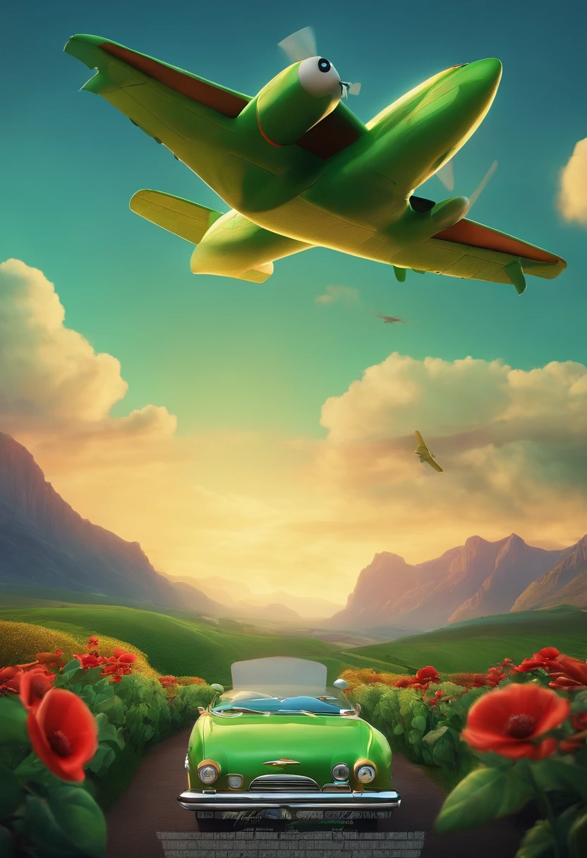 Create a Disney PIXAR-style 3D poster. A mafia boss of about thirty years old, green hair, light blue eyes, with a colorful flowered in front of a Dam. In the sky we see a green plane with the words "CIM Enterprice".