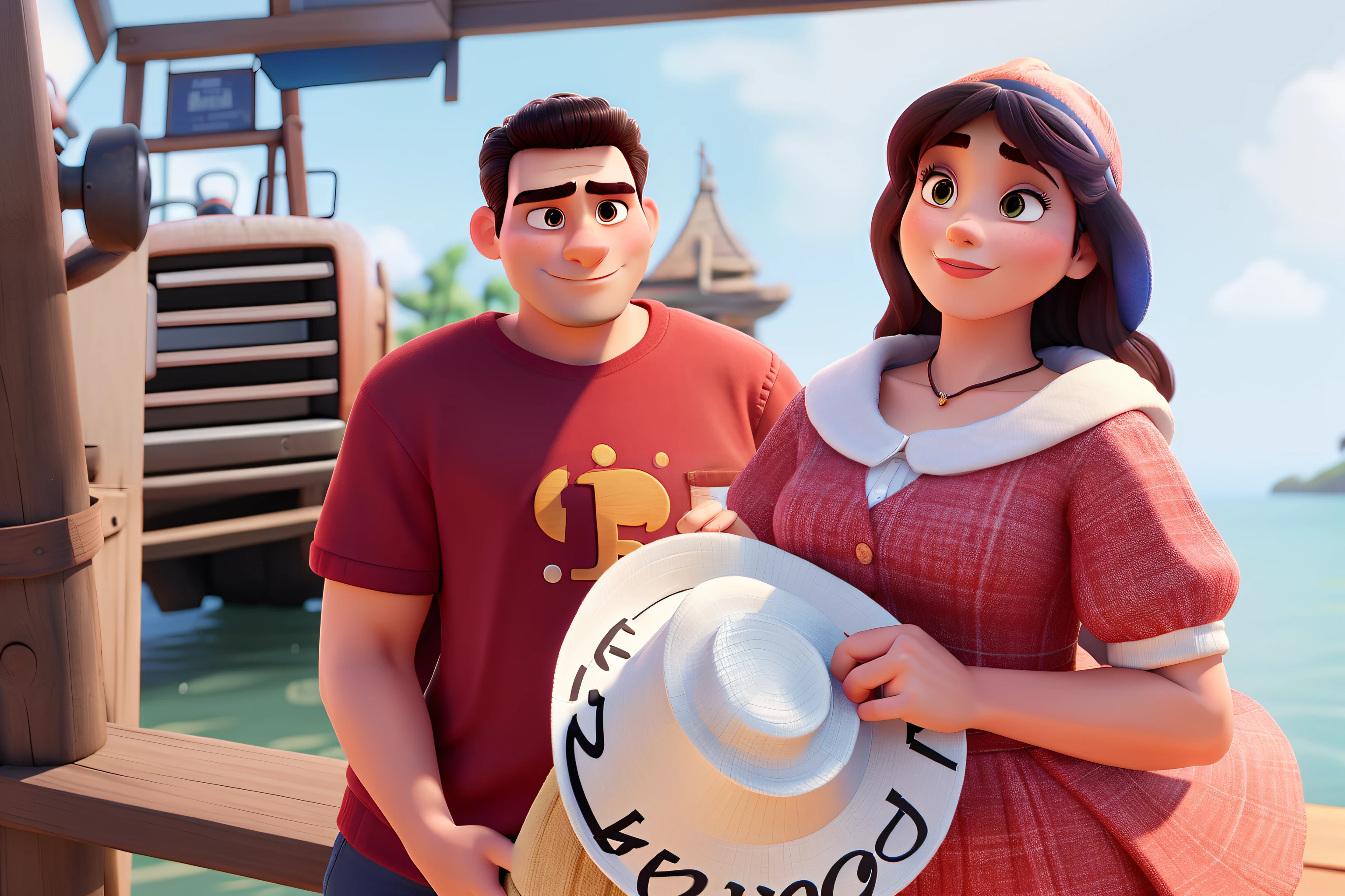 Woman Holding A Hat And Serious Man Disney Pixar Style ,alta qualidade,melhor qualidade