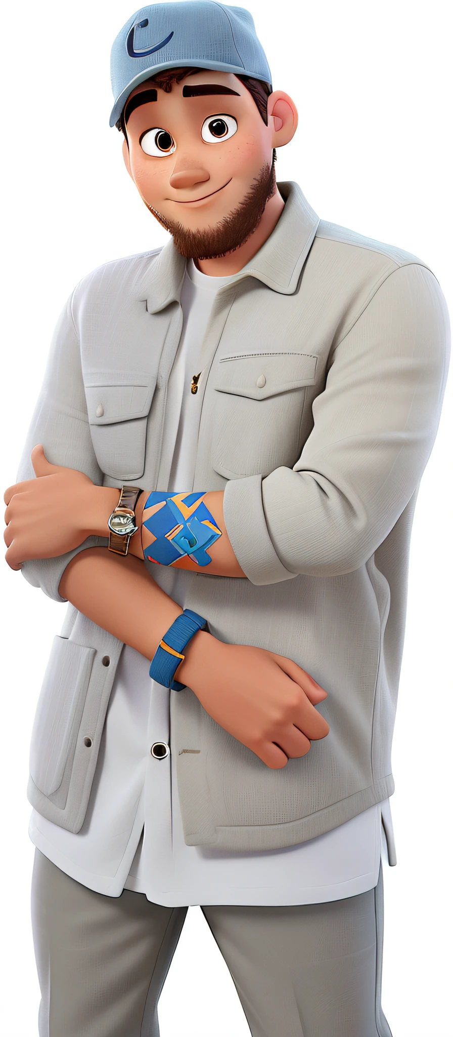 Um jovem no estilo poster disney pixar, He's standing and his left hand is holding his right elbow. He's wearing light-toned clothes and a cap