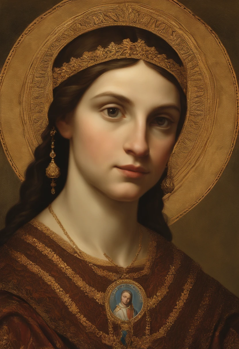 um close up de uma pintura de um homem segurando uma foto de uma mulher, christian saint rosace, Retrato gracioso santo, portrait of saint of the pit, inspired by Juan Giménez, inspirado em Bernardo Daddi, Directed by: Jan Stanislavski, inspirado em Francisco de Holanda, Directed by: Thomas Aquinas Daly, Inspired by Thomas Aquinas Daly Disney Child Drawing