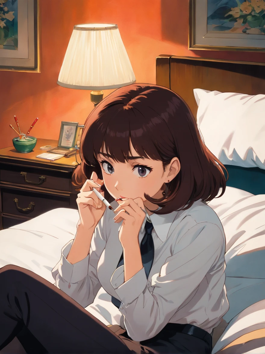 lying women in bed, Next to the lamp, all-fours,『Pulp Fiction 1994』, dramatic smoking pose, Smoking a paper cigar, Holding a paper cigar, Wearing a black suit jacket, White button shirt, Black pants, Black tie, Smoke and fog, Cinematic, Looking at the camera