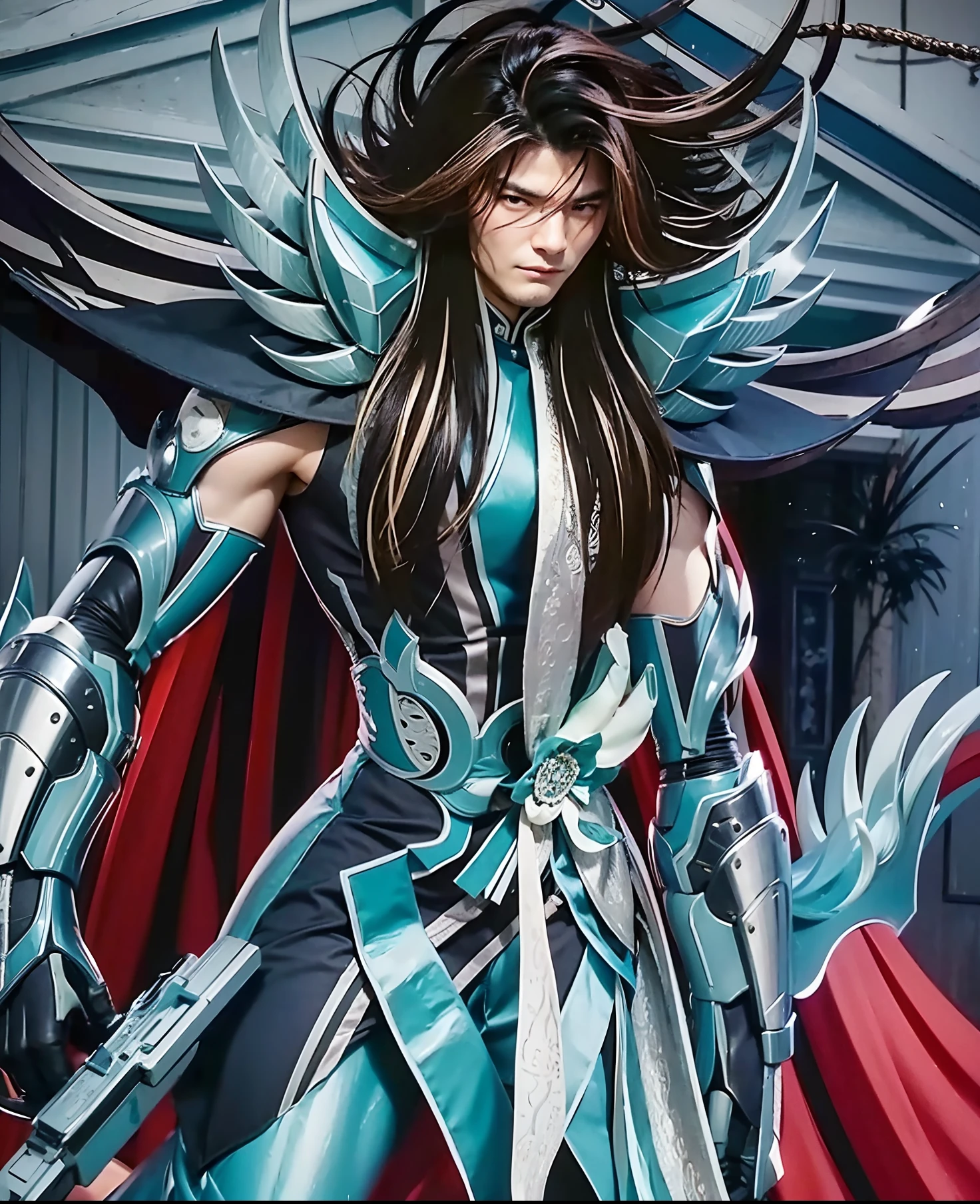 master part, best quality, 8k, Japanese man with a handsome face, forte e imponente, cabelos pretos, vestindo uma armadura de prata divina, capa vermelha, segurando uma espada