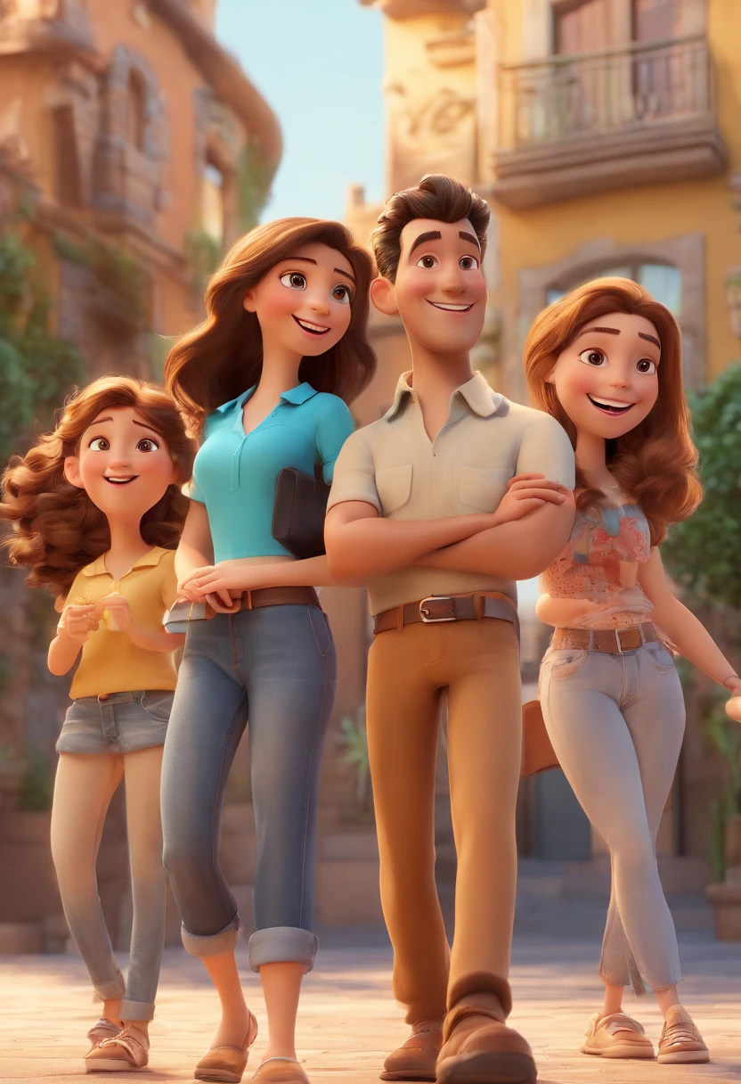 Cartoon of friends having fun on vacation together, 3D Animation Movie Poster, Poster de filme animado, pixar 3 d animation style, pixar renderman rendering, maia 8 mil, animated film, Disney Pixar Estilo 3D, amigos felizes saem juntos, all wearing light blue shirts and cream brown long pants, camisa azul clara, cream brown pants, ao ar livre, vacation, Disney Pixar Animation Poster