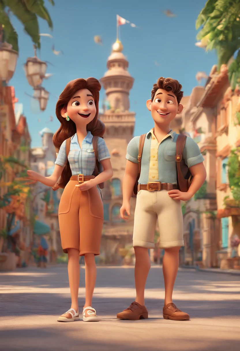 Cartoon of friends having fun on vacation together, 3D Animation Movie Poster, Poster de filme animado, pixar 3 d animation style, pixar renderman rendering, maia 8 mil, animated film, Disney Pixar Estilo 3D, amigos felizes saem juntos, all wearing light blue shirts and cream brown long pants, camisa azul clara, cream brown pants, ao ar livre, vacation, Disney Pixar Animation Poster