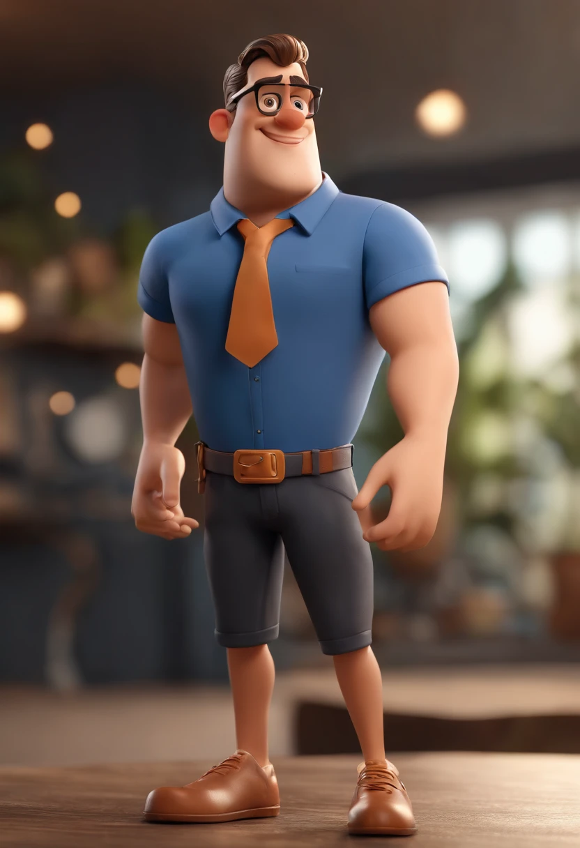 Cartoon character of a man wearing black glasses and a blue shirt, um personagem animado, Caractere estilizado, animation style rendering, 3D estilizado, Arnold Maya render, 3 d render stylized, toon render keyshot, Personagem 3D, Personagem 3D, 3d rendering stylized, 3 d character render, personagem de desenho animado, Personagem de close up, Pose de personagem, (Estilo Pixar) (master part:1.2) (Bokeh) (best quality) (pele detalhada) (textura detalhada) (8k) (argila) (Cinematic lighting) (foco nítido，Senta e vaza a parte superior do corpo