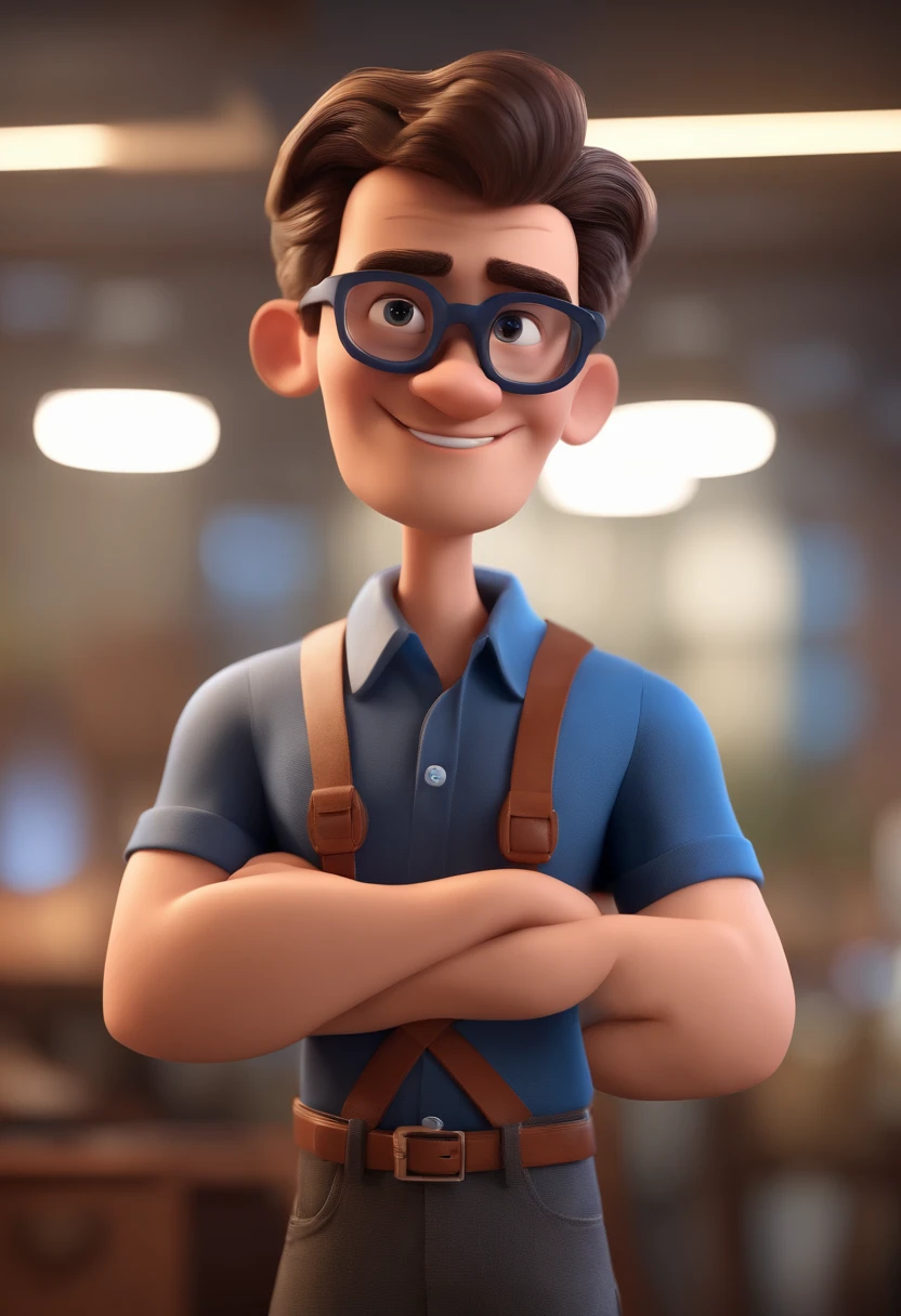 Cartoon character of a man with black glasses and a blue shirt, animation character, Caractere estilizado, animation style rendering, 3D estilizado, Arnold Maya render, 3 d render stylized, toon render keyshot, Personagem 3D, Personagem 3D, 3d rendering stylized, 3 d character render, personagem de desenho animado, Personagem de close up, Pose de personagem, (Estilo Pixar) (master part:1.2) (Bokeh) (best quality) (pele detalhada) (textura detalhada) (8k) (argila) (Cinematic lighting) (foco nítido