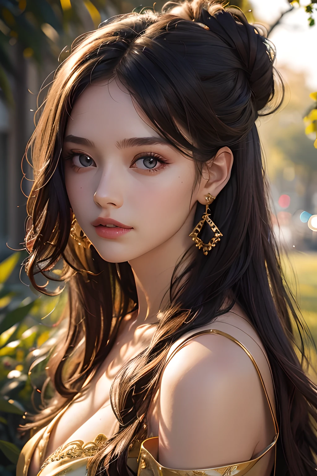 1 girl, beautiful, aged 22 year, detailed eyes and face, earrings, shoulder length hair, portrait photography, golden hour, sunlight, 8k, UHD