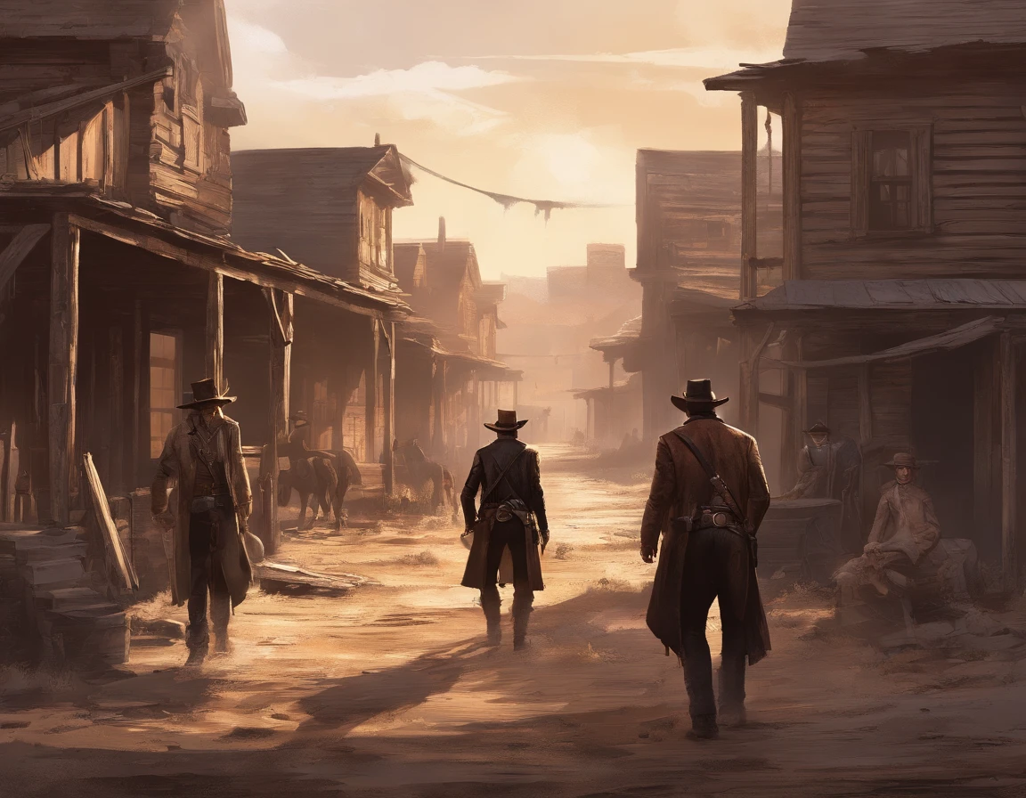 (best quality, highres, ultra-detailed, realistic:1.37), portraits, medium:oil painting, vivid colors, dramatic lighting, Western theme, dusty atmosphere, abandoned saloon, wooden buildings, a setting sun casting long shadows, aged and worn costumes, two rugged Gunslingers, detailed expressions on their faces, intense and focused eyes, weathered skin, characteristic facial hair, distinctive hats, leather holsters, gun belts, Old West revolvers, fingers hovering over the triggers, anticipation in the air, intense standoff, tense atmosphere, suspenseful moment, spectators anxiously watching, empty street, deserted town, a tumbleweed rolling by, Red Dead Redemption 2-inspired scenery, cinematic composition, dynamic angles, action-packed scene