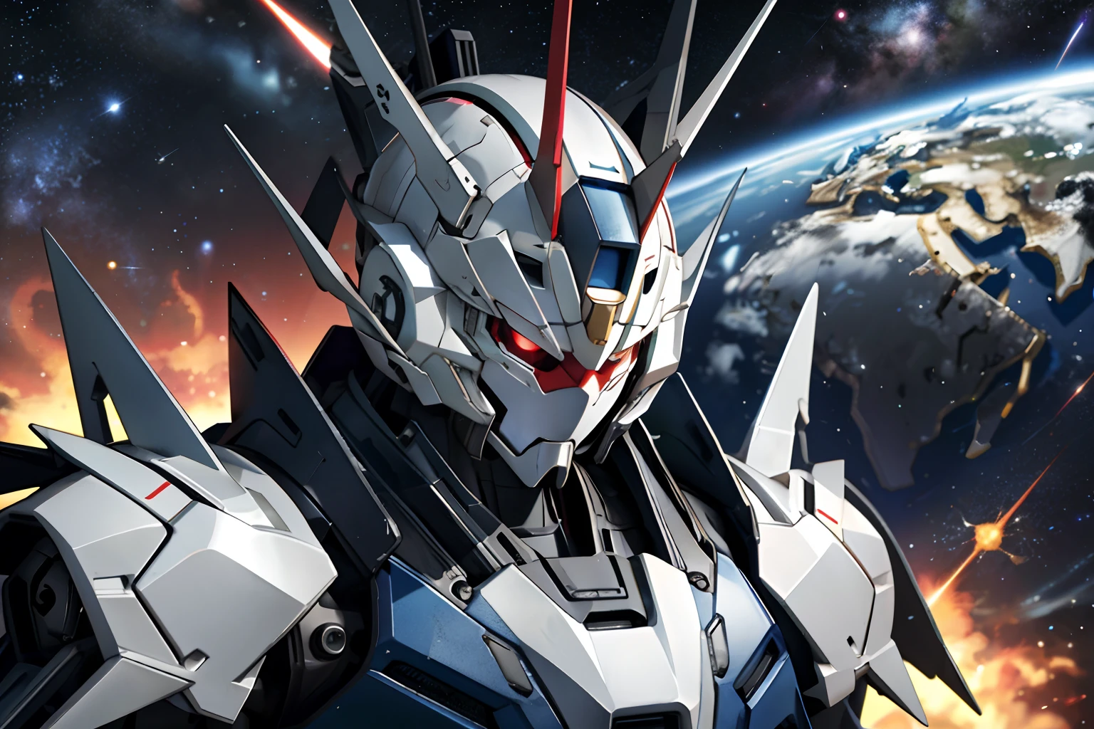 Gundam with blue and red body、Fly in outer space。Earth with stars on background、