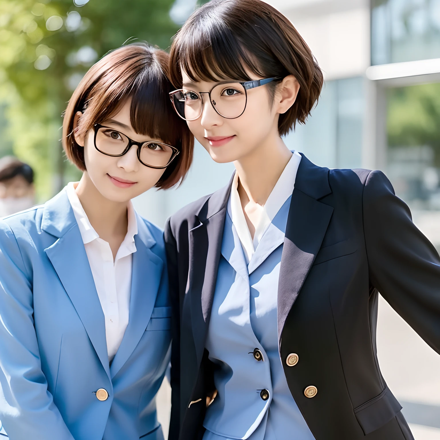 Two women、holding each other、Shorthair and、poneyTail、One is glasses、Blazer and、nurse's outfit