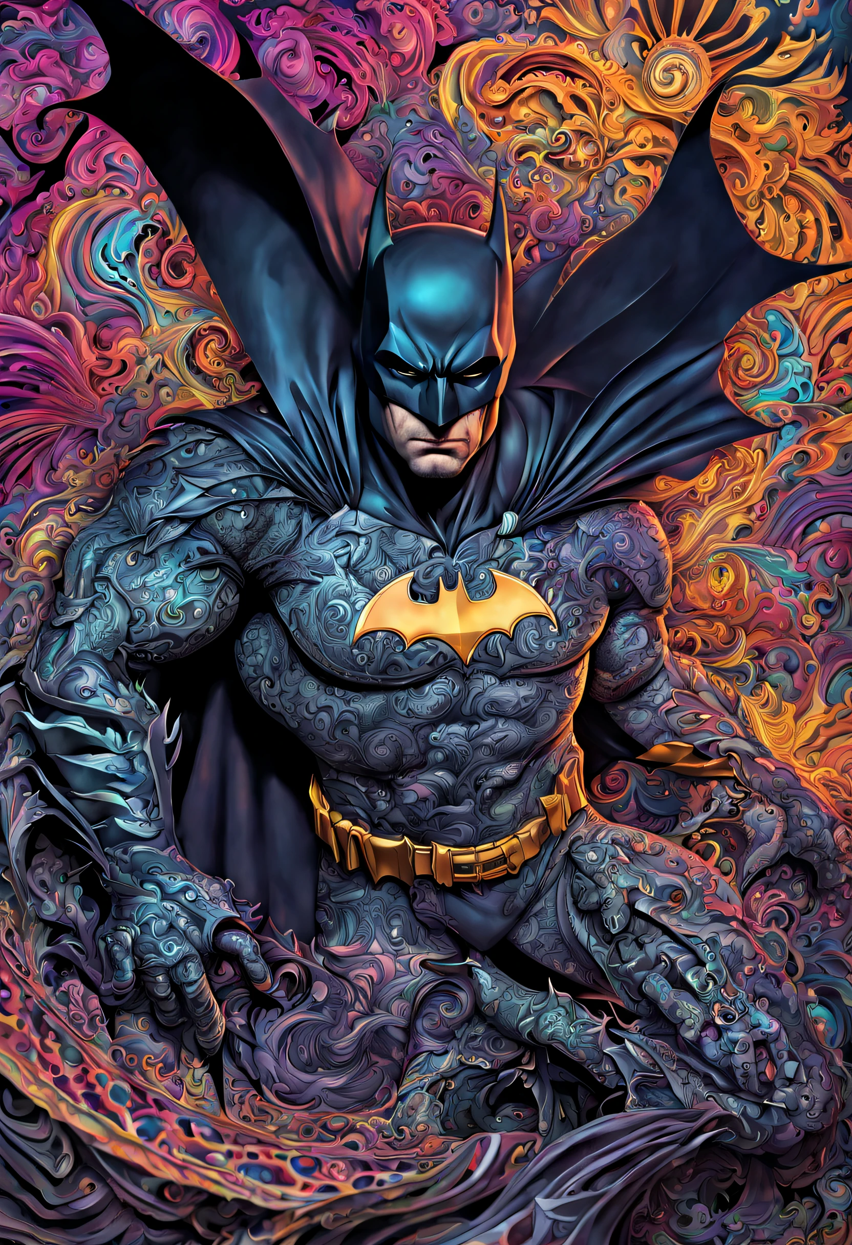 psychedelic art in drdjns style of The Batman, intricate patterns, complex and detailed, masterpiece, 8k, hdr