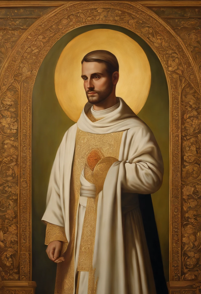 a closeup of a painting of a Christian priest priest male, Retrato gracioso santo, portrait of saint of the pit, inspired by Juan Giménez, inspirado em Bernardo Daddi, Directed by: Jan Stanislavski, inspirado em Francisco de Holanda, Directed by: Thomas Aquinas Daly, Inspired by Thomas Aquinas Daly Disney Drawing