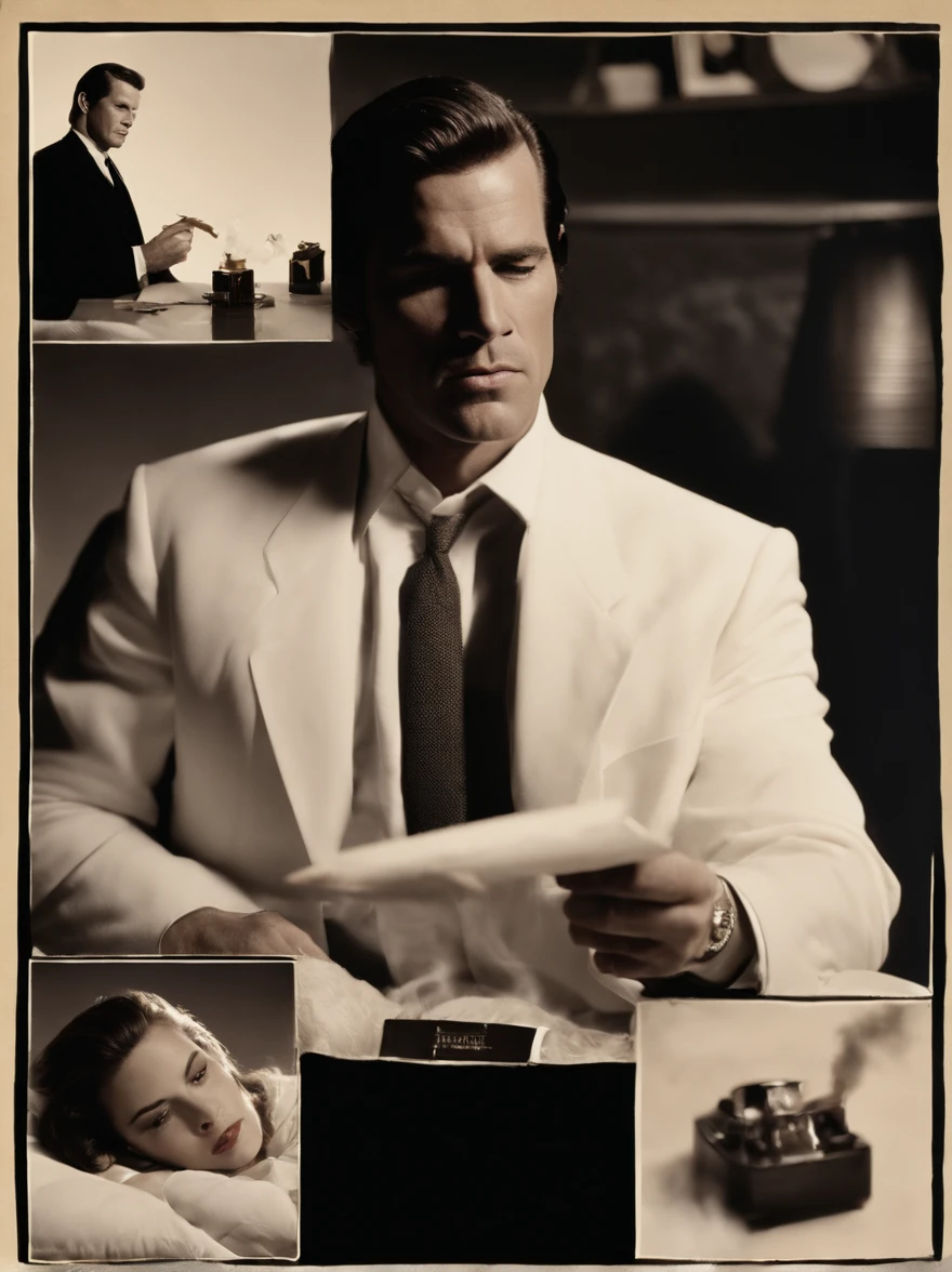 lying women in bed, Next to the lamp, all-fours,『Pulp Fiction 1994』, dramatic smoking pose, Smoking a paper cigar, Holding a paper cigar, Wearing a black suit jacket, White button shirt, Black pants, Black tie, Smoke and fog, Cinematic, Looking at the camera