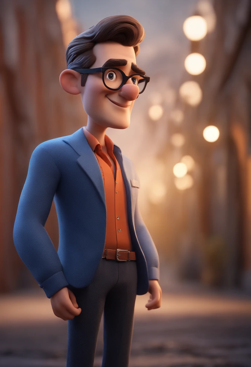 Cartoon character of a man with black glasses and a blue shirt, animation character, Caractere estilizado, animation style rendering, 3D estilizado, Arnold Maya render, 3 d render stylized, toon render keyshot, Personagem 3D, Personagem 3D, 3d rendering stylized, 3 d character render, personagem de desenho animado, Personagem de close up, Pose de personagem,  (Estilo Pixar) (master part:1.2) (Bokeh) (best quality) (pele detalhada) (textura detalhada) (8k) (argila) (Cinematic lighting) (foco nítido