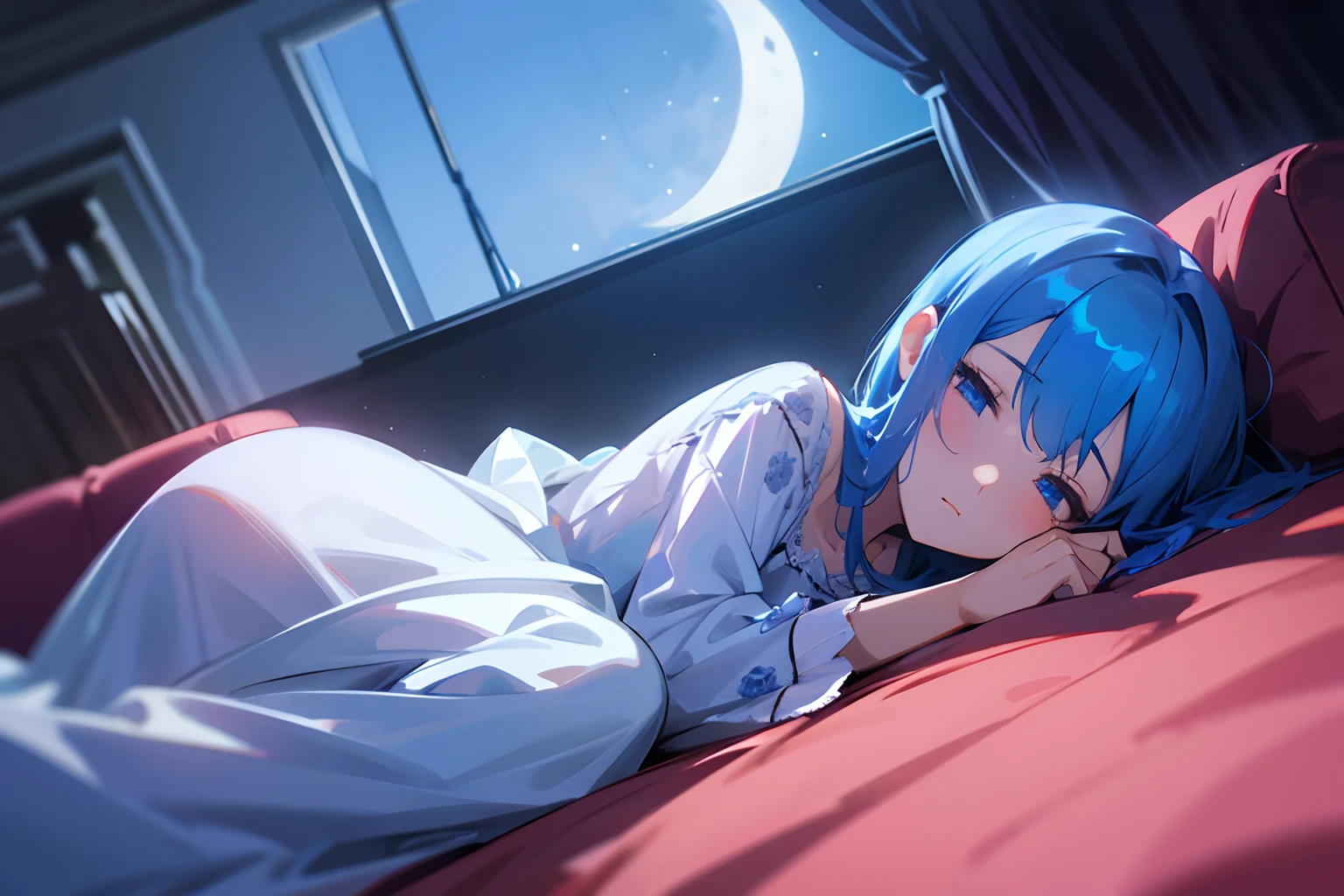 blue rose girl, rose on hair, adult, night gown, pyjamas, blue hair, hd, ultra quality, wide angle, long shot, tired eyes, tired, sleep-deprived, living room, apartment, night, nighttime, moon