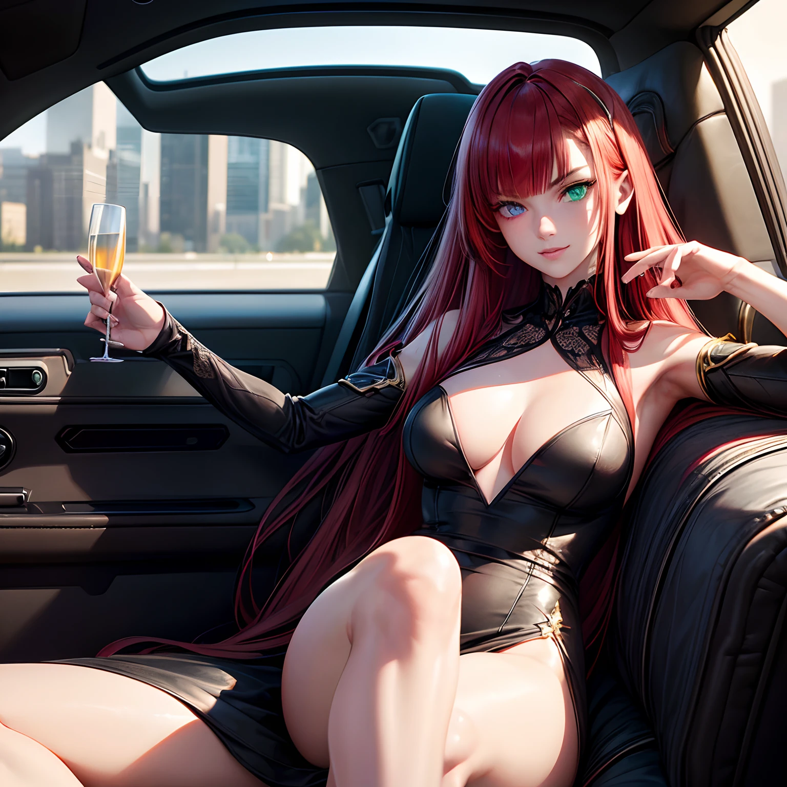 Masterpiece, ultra realistic+++, 1girl, solo, young, red hair, long hair, (((heterochromia))), ((blue eye)), ((green eye)), fit body, ((detailed body)), (realistic body), ((realistic limbs)), seductive smirk, ((sitting in the back of a limousine)), wearing black dress that shows off legs, cleavage, holding champagne glass,