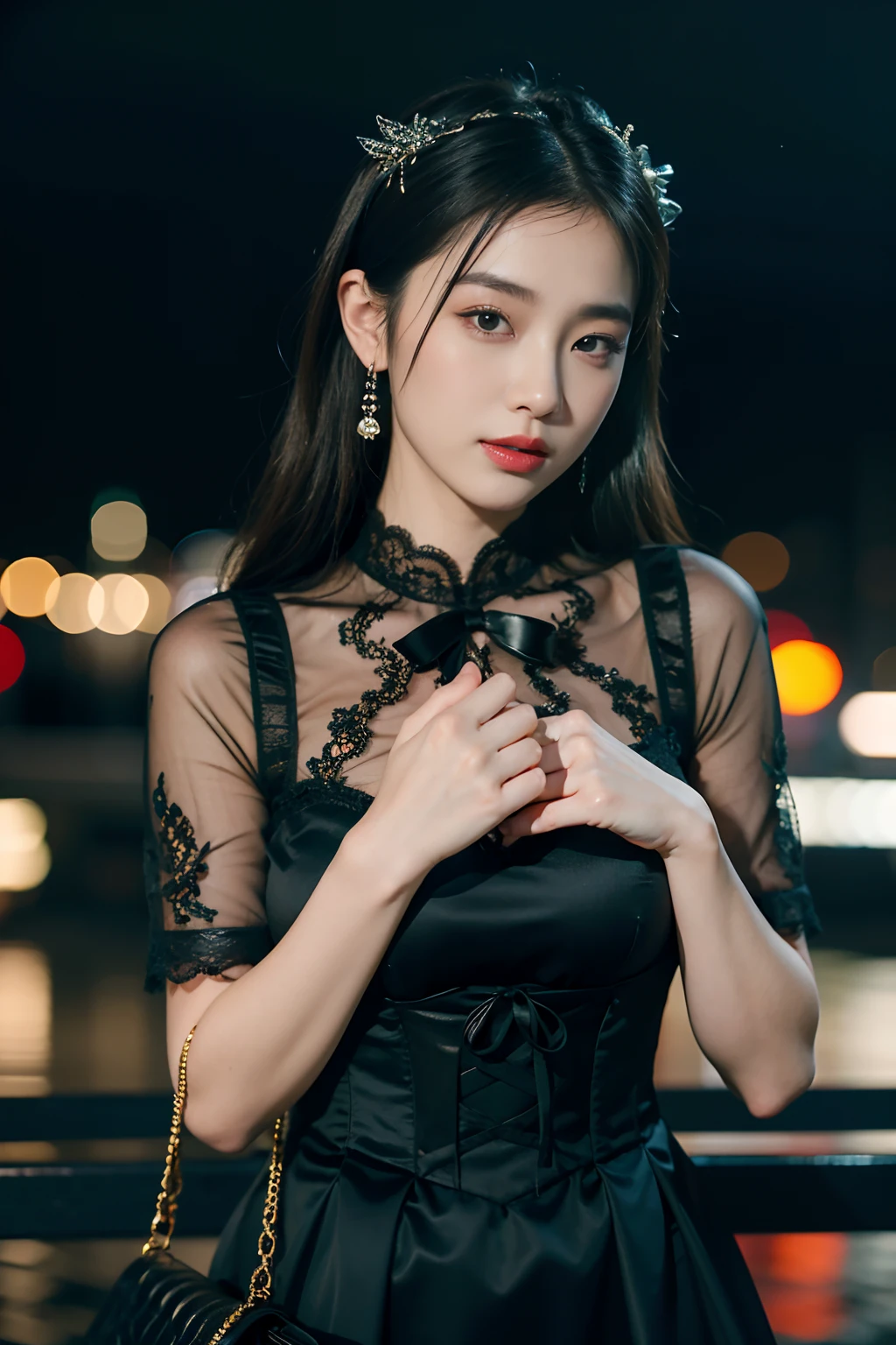 Close-up of a woman in a black dress, holding a purse, White lace trim, Played by Yang J, Korean fashion model, Black lace, elegant corset, Lace dress, ulzzangs, Lace by Ni Tian, Lace bow, Exudes sexiness (8x), Come to the creek, Dreamy, Ethereal, Dark, Smiling, Sexy style, Charming lady, Mall. (Best quality, 4K, 8K, A high resolution, Masterpiece:1.2), Ultra-detailed, Realistic, hdr, Studio lighting, a professional shot of, Vibrant colors,Hair ribbon, Bokeh, Lace details, Sharp focus, Physically-based rendering.