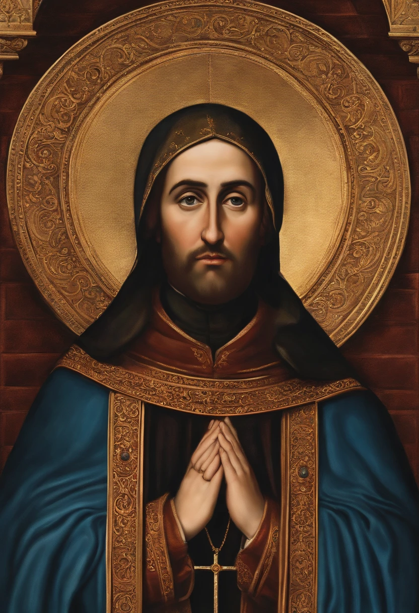 um close up de uma pintura de um homem padre , christian saint rosace, Retrato gracioso santo, portrait of saint of the pit, inspired by Juan Giménez, inspirado em Bernardo Daddi, Directed by: Jan Stanislavski, inspirado em Francisco de Holanda, Directed by: Thomas Aquinas Daly, Inspired by Thomas Aquinas Daly Disney Drawing