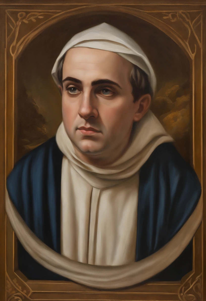 um close up de uma pintura de um homem padre , christian saint rosace, Retrato gracioso santo, portrait of saint of the pit, inspired by Juan Giménez, inspirado em Bernardo Daddi, Directed by: Jan Stanislavski, inspirado em Francisco de Holanda, Directed by: Thomas Aquinas Daly, Inspired by Thomas Aquinas Daly Disney Drawing