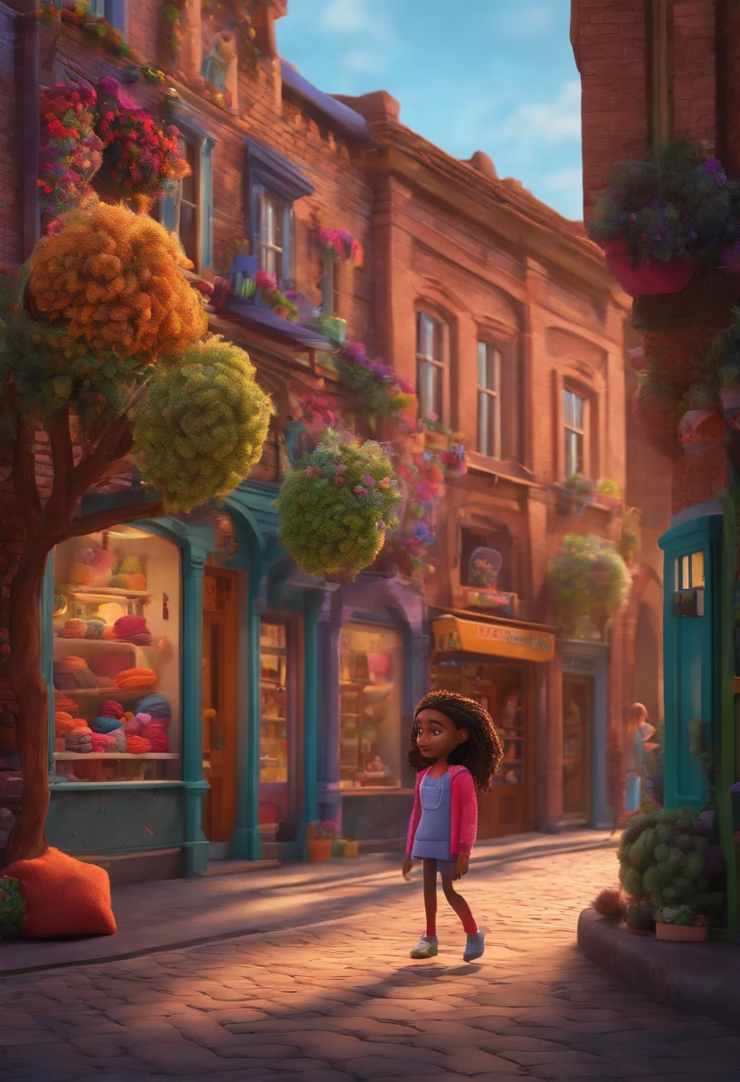 3D Pixar style drawing of a sock shop in the city center with a 10-year-old girl character with hair made of colorful knitting braids in the foreground