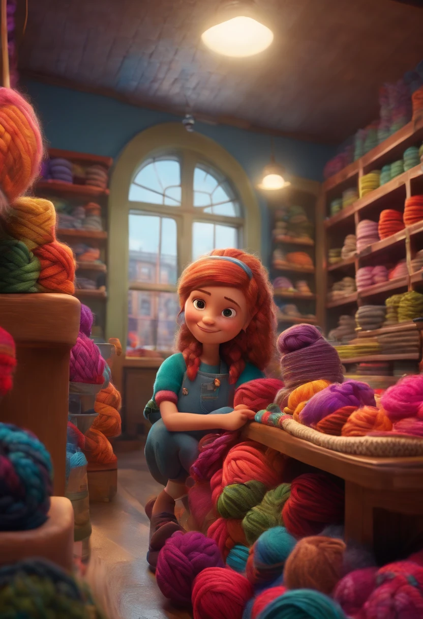 3D Pixar style drawing of a sock shop in the city center with a 10-year-old girl character with hair made of colorful knitting braids in the foreground