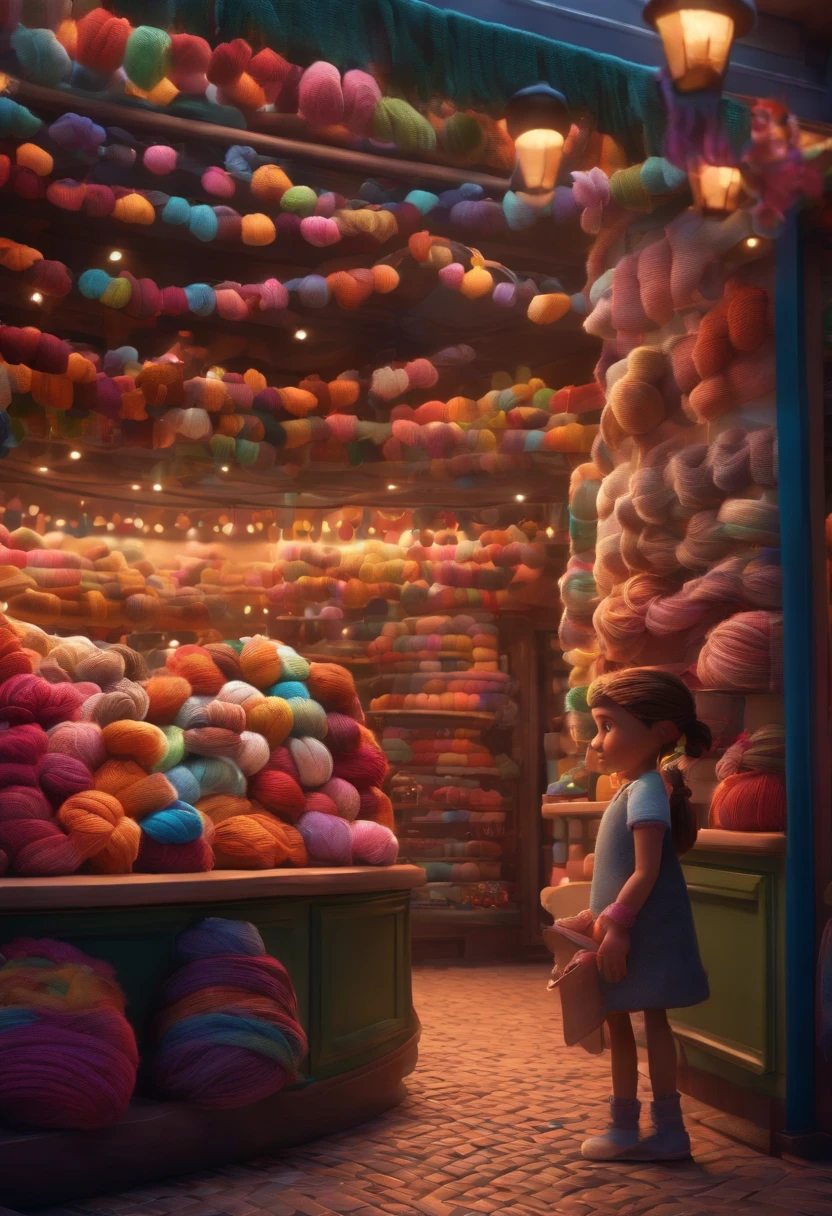 3D Pixar style drawing of a sock shop in the city center with a **************** character with hair made of colorful knitting braids in the foreground