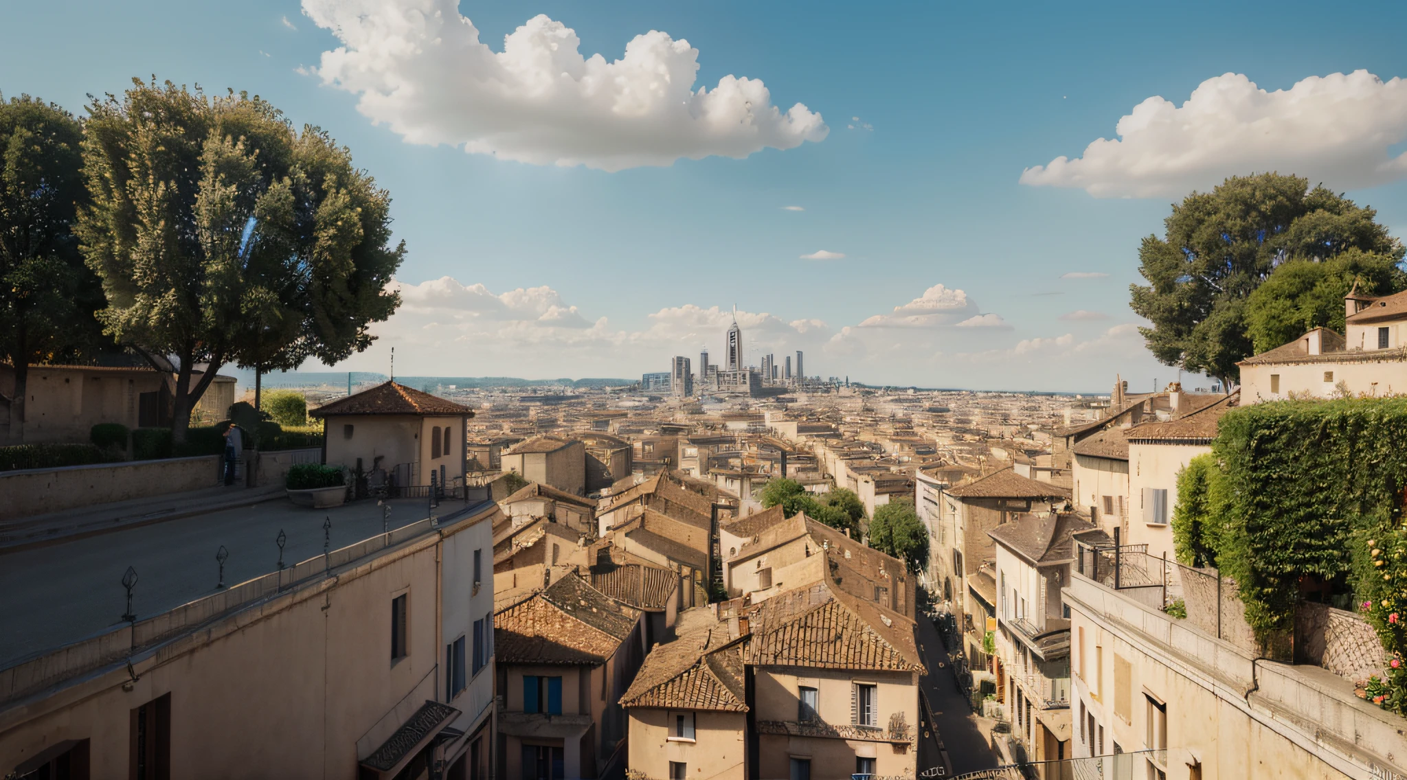 arafed view of a city in France and a clear sunny sky, by Francesco Raibolini, vintage city, by Patrick Pietropoli, photorealistic, fine details, photo, by Alfredo Volpi, Pixar style, outdoors european cityscape, by Alessandro Allori, surrounding the city, by Carlo Martini, overlooking, octane render, 4K, HD