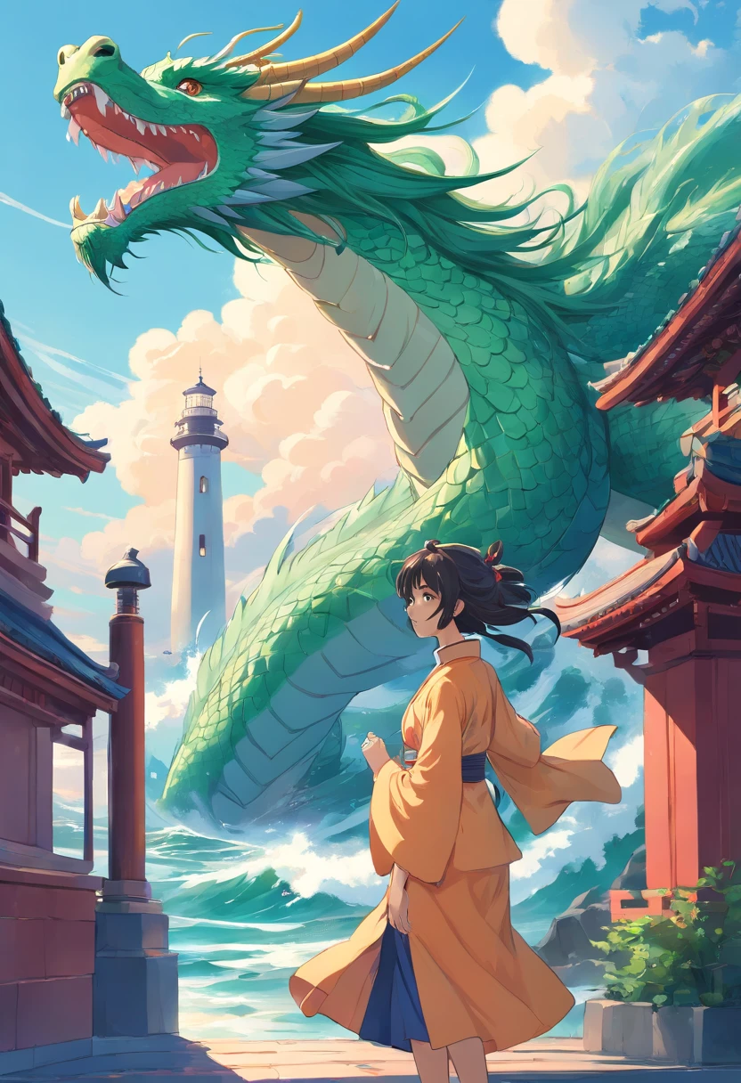 chinesedragon,the ocean,God girl,lighthouse, Art Nouveau style illustration, Detailed sky, chinapunk, Explanatory narrative, solarizing master, quito school, Visual poetry
