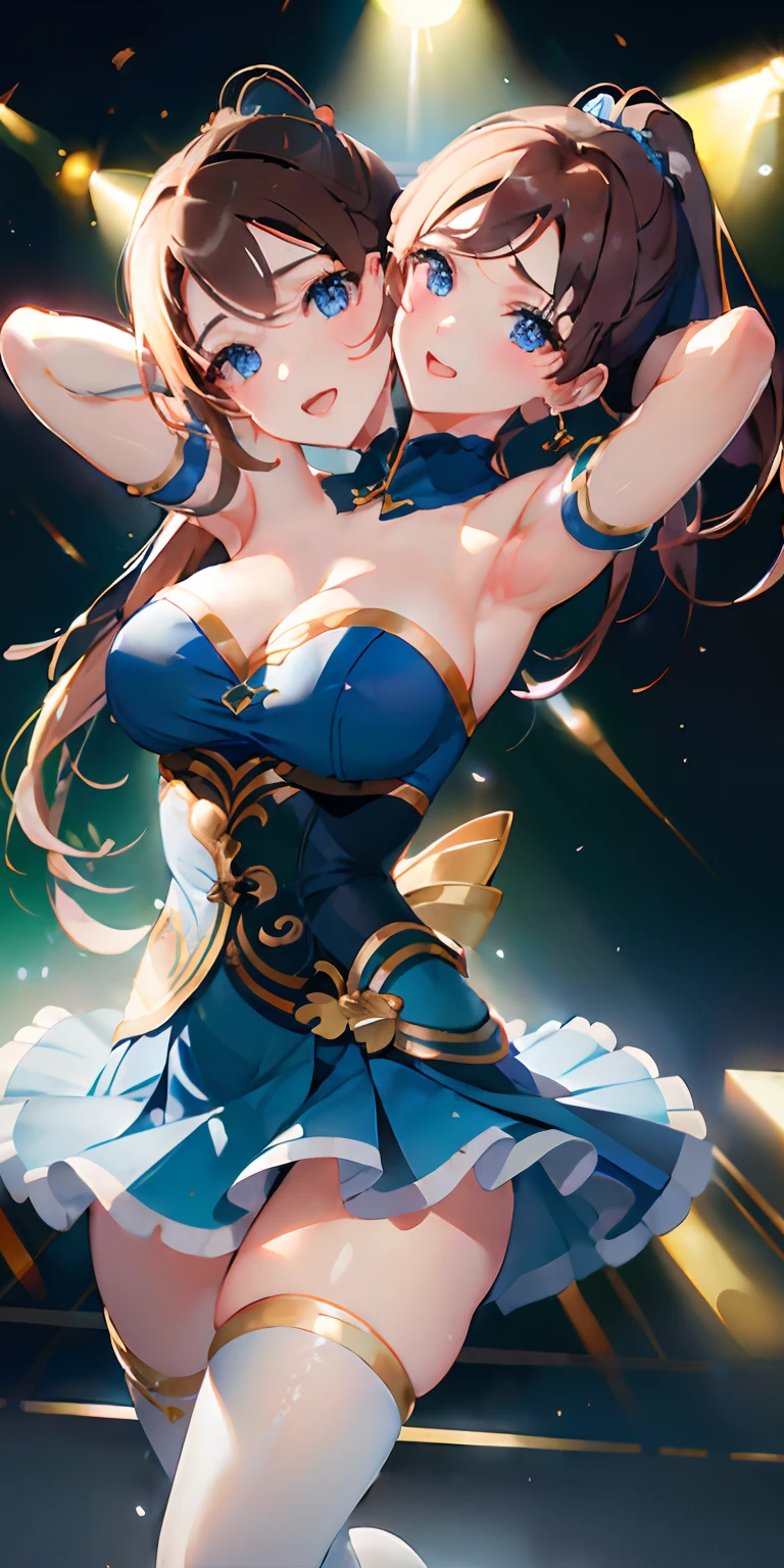 (masterpiece, best quality), best resolution, (2heads:1.5), 1girl, singing, brown hair, ponytail, blue eyes, blue idol dress, frenetic dancing pose, stage, brilliant lights, genshin impact style