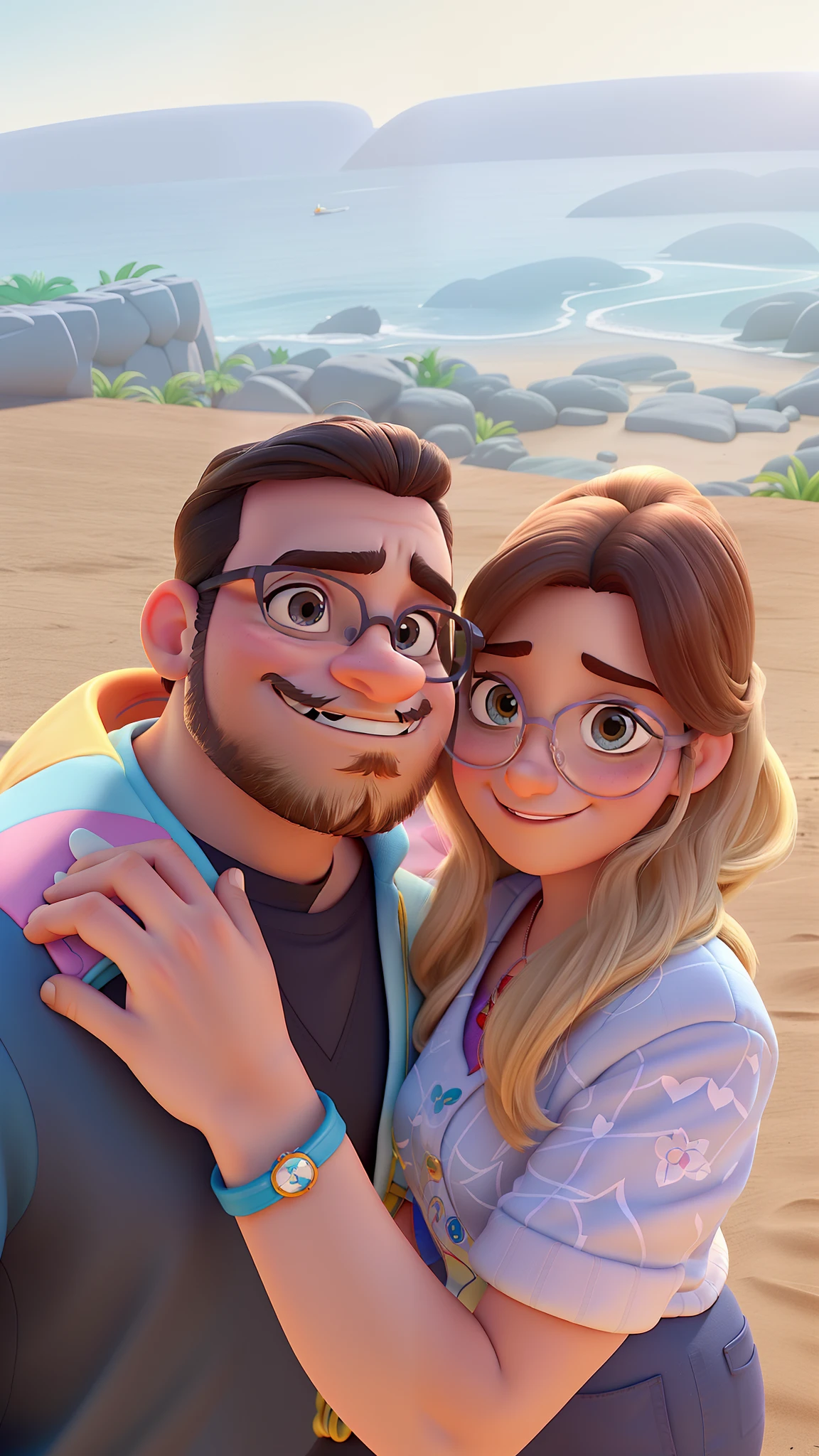 poster no estilo disney pixar, uma mulher branca de oculos de sol, estilo disney pixar, alta qualidade, melhor qualidade. Homem moreno com barba e cabelo curto