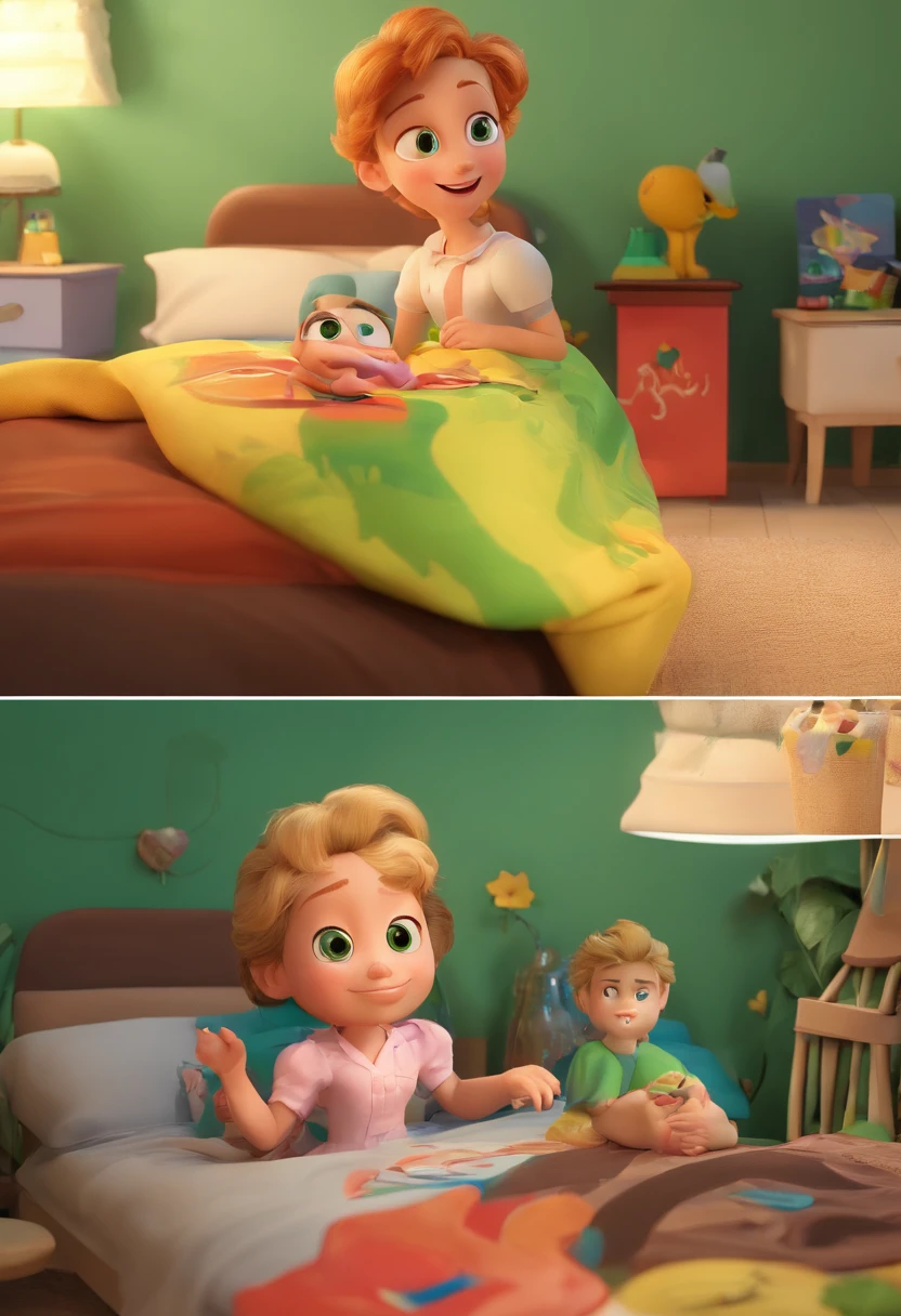 Create two characters in the Disney Pixar style with the following characteristics: One has blonde hair and green eyes, the other has brown hair and small brown eyes. They are sitting on the bed in a children's room