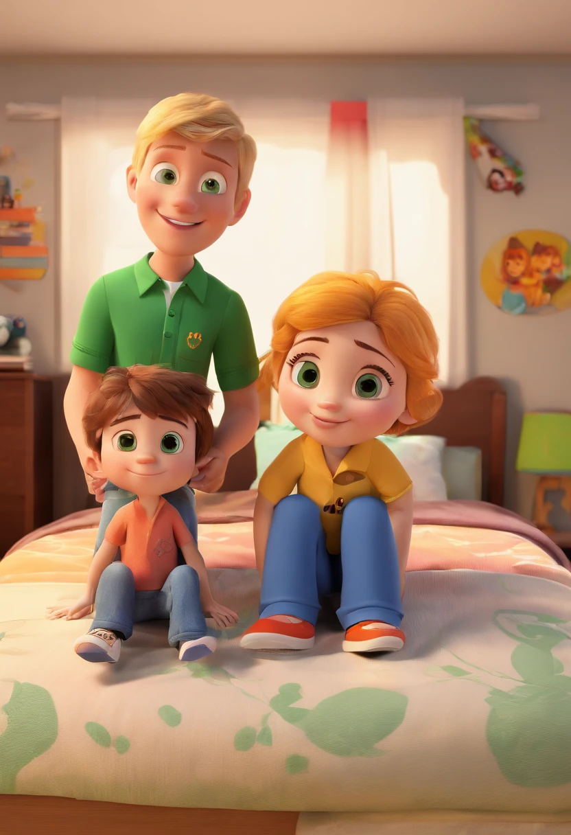 Create two characters in the Disney Pixar style with the following characteristics: One has blonde hair and green eyes, the other has brown hair and small brown eyes. They are sitting on the bed in a children's room
